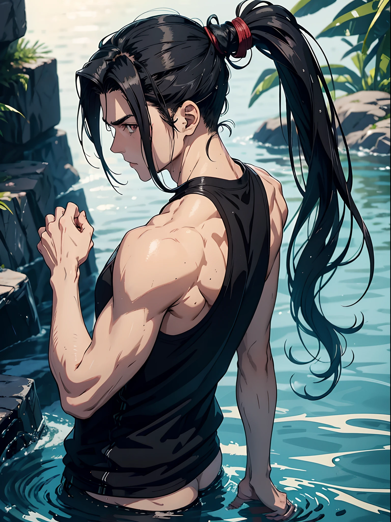 anime adult man with black hair, ponytail hairstyle, wet hair long strands of hair sticking to shoulderblades