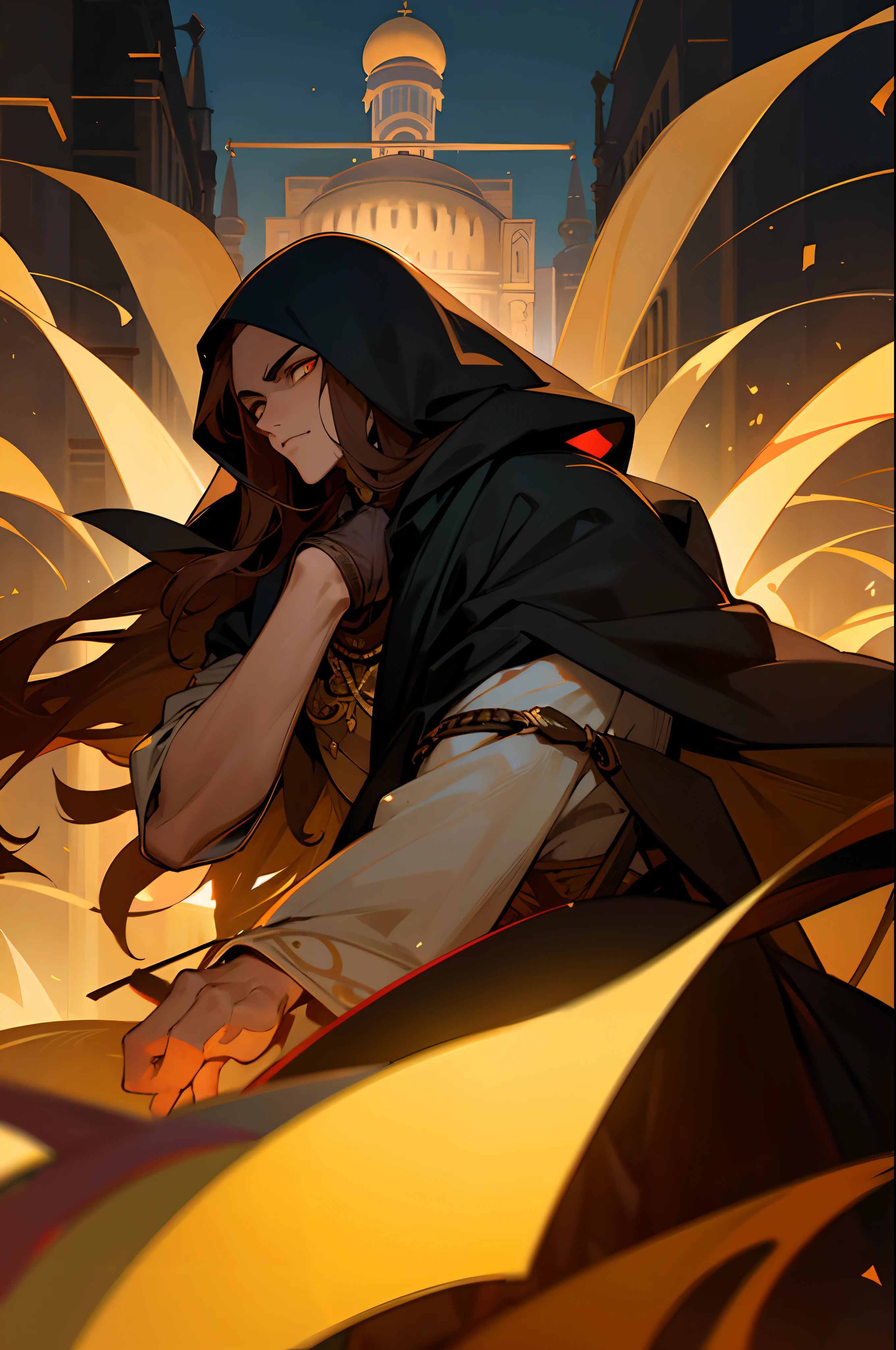 A masked assassin, male, long dark hair, golden eyes, middle eastern decent, arabic night market background