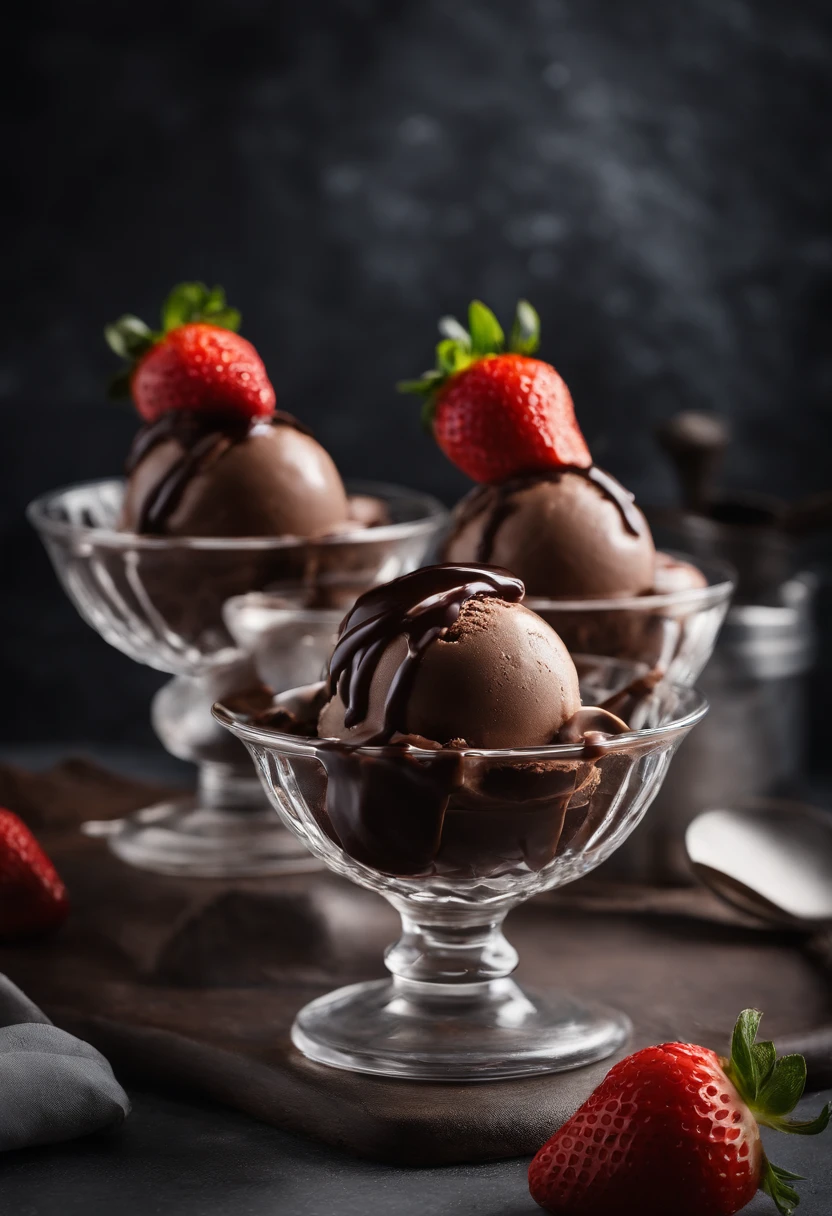Create a high-resolution image that portrays a glass ice cream bowl with three perfectly sculpted chocolate ice cream scoops drizzled with chocolate sauce, all placed on top of a table. The ice cream scoops should exhibit visible texture and possess a smooth, seductive shine. Gently arrange freshly sliced strawberries on top of the ice cream. The image should convey the appearance of a dessert served at a dinner setting. Please ensure the image exhibits the highest quality and detail, mimicking a professional food photography style.