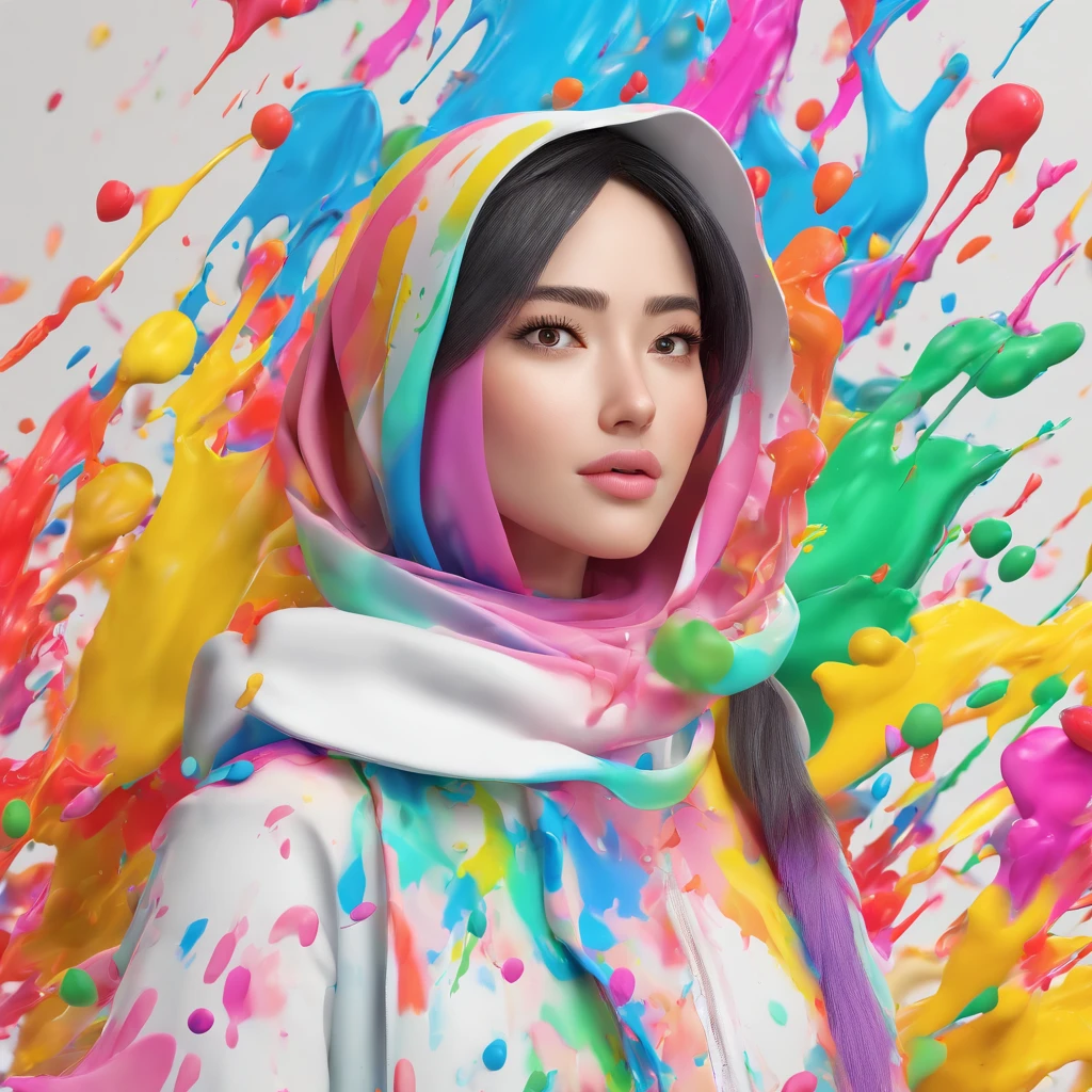 (Masterpiece, Best Quality, High Resolution, 4K Resolution, 8K Resolution), White Background, ((Paint Splash, Color Splash, Splash of Ink, Color Splash)), Sweet Chinese Girl hijab, Rainbow Hair, Pink Lips, Front, Upper Body, hijab