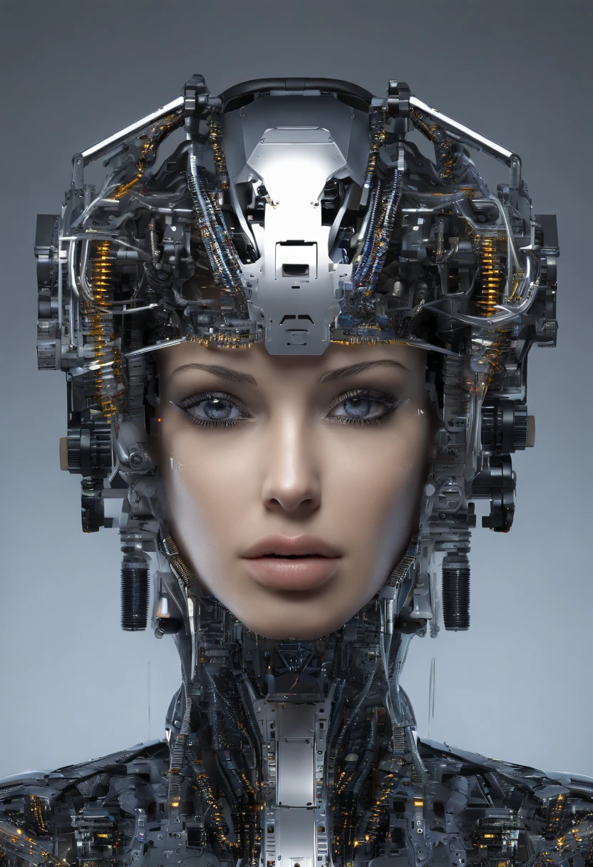 create a image of a beautiful women's face, half machine half human