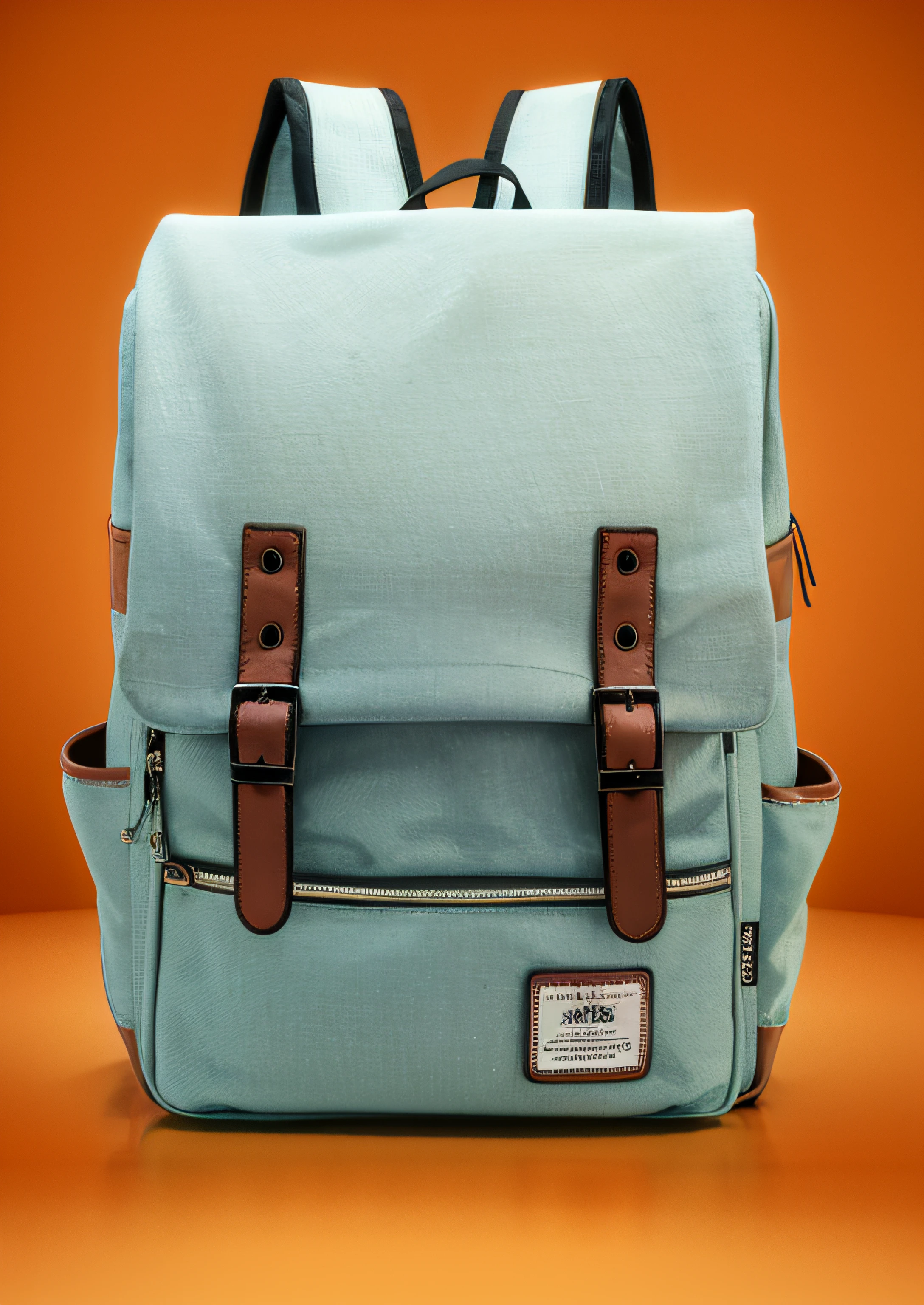 There is a backpack with two straps on an orange background, mochila quadrada, mochila escolar, Vindima - W 1 0 2 4, saco, azul-claro, mochila, estilo vintage, : 5 estilosos, h 576, verde claro, h 7 0 4, h 9 6 0, tela cinza, vibe vintage, h 768