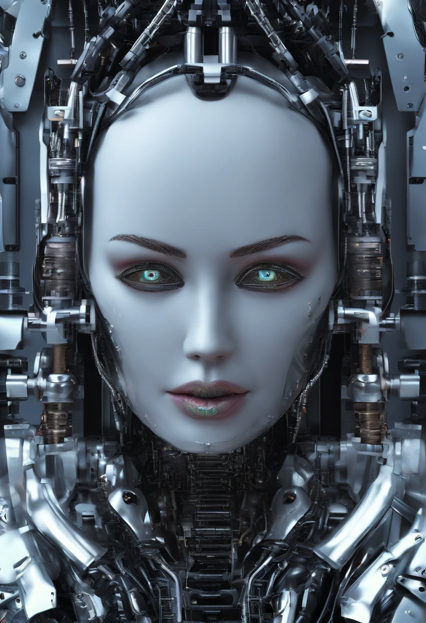 create a image of a beautiful women's face, half machine half human