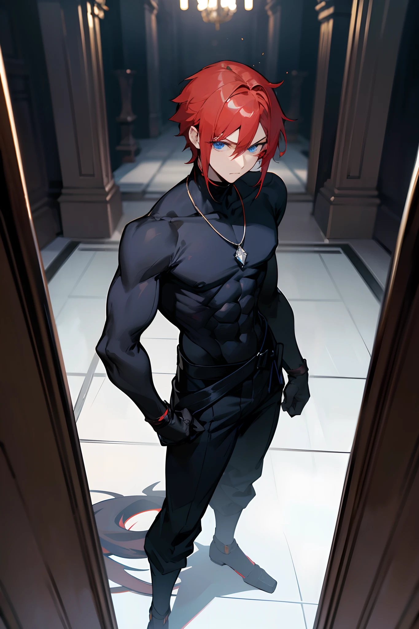 , 1male, adult, red hair, middle parted hair, short length hair, blue eyes, black ninja outfit, sweater tied to waist, black body suit, white baggy pants, crystal necklace, standing on path, mansion hallway, night, emotionless