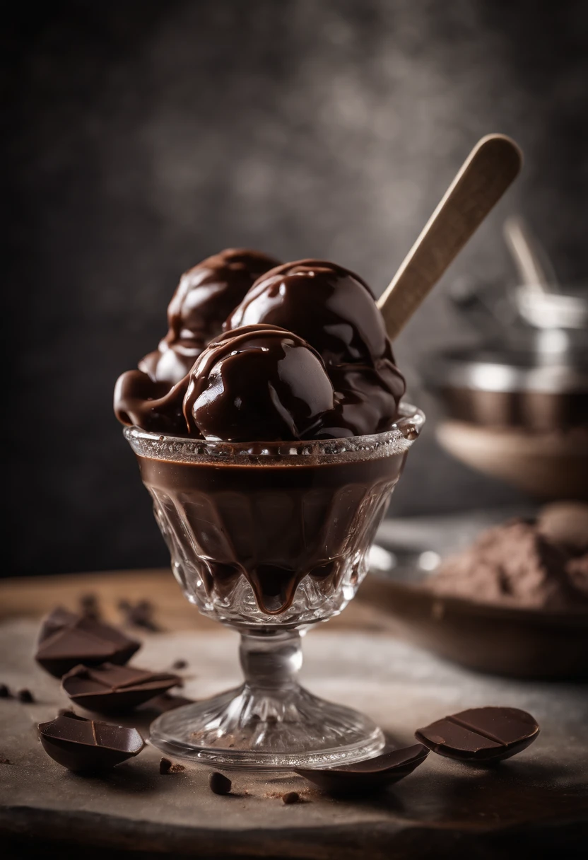 A glass ice cream bowl with three scoops of chocolate ice cream covered in chocolate syrup on a table.