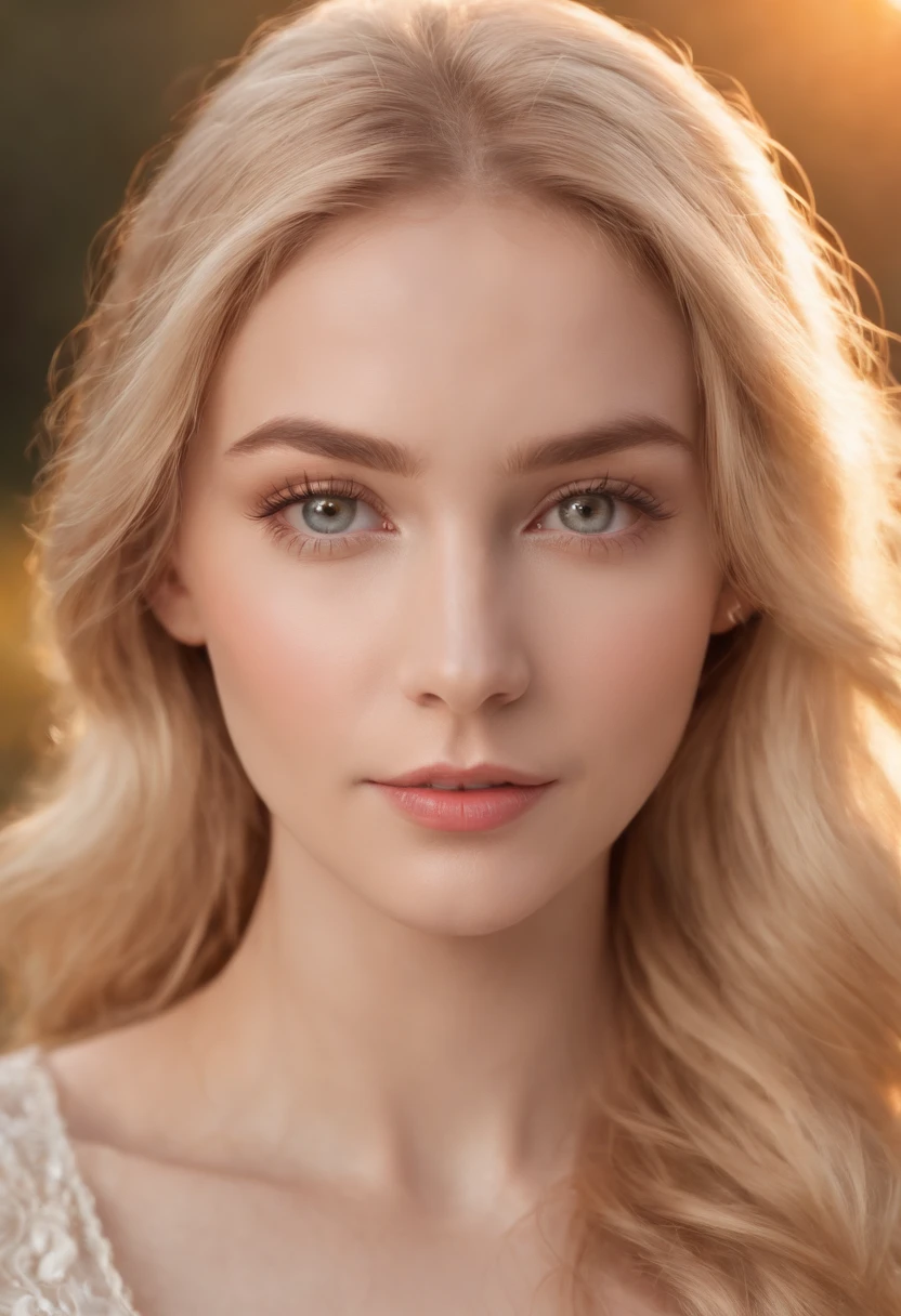 Generate a realistic image of a young woman with blonde hair and eyes that shine like precious jewels. Her hair falls in gentle golden waves around her face, framing a soft and lovely expression. Her skin is smooth and radiant, with a fair and perfectly even tone. The girl has a charming smile that lights up her face, accentuating her natural beauty. Her gaze is serene and alluring, with a hint of mystery in her eyes that makes her even more captivating. The soft light of the sunset caresses her skin, creating a warm and welcoming atmosphere around her