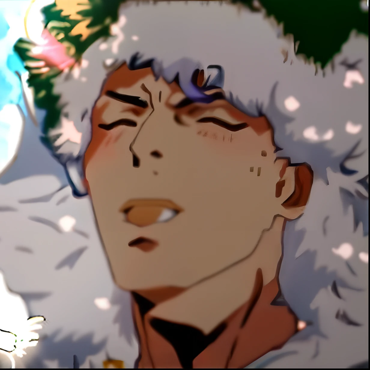 estilo anime, jojo aventura bizarra, manga, There's a man with his eyes closed and his mouth open, foto do perfil, curls on top of his head, imagem de qualidade muito baixa, ele tem cabelos castanhos curtos e cacheados,