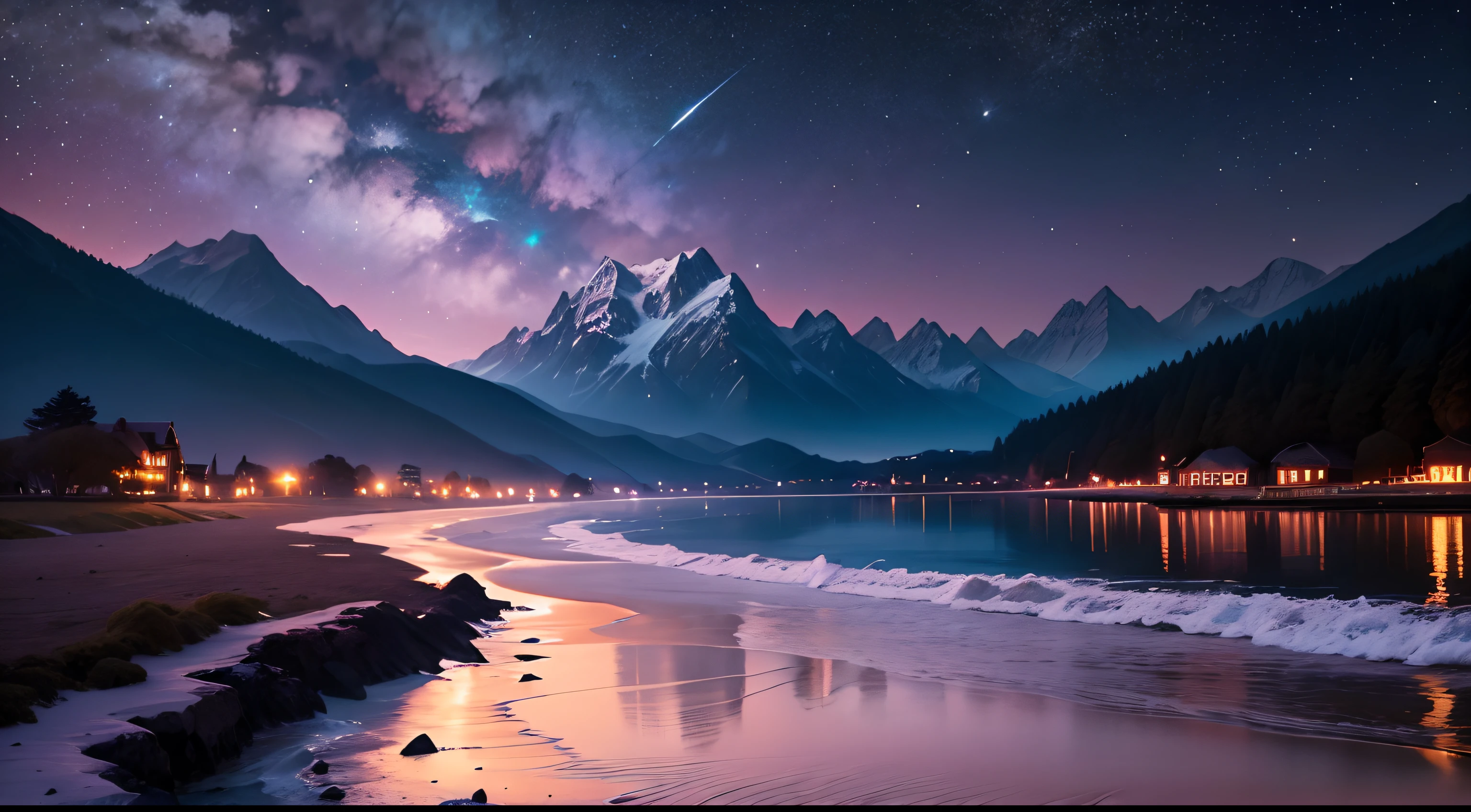 paisaje de playa, cielo estrellado, nebulosa, luna brillante, nubes brillantes, mountains in the distance, Tall trees, cottages, (color purpura)
