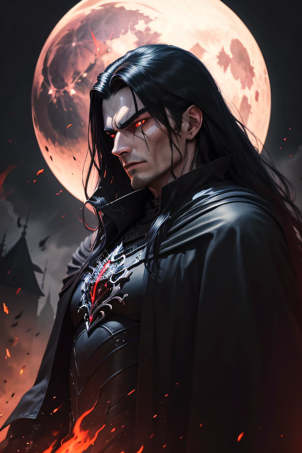 a dark muscular male evil lord, long flowing black hair, black and red cloak, piercing red eyes, menacing expression, powerful aura, standing in a dimly lit chamber,, casting eerie shadows, , adorned with intricate details, with a sinister grin, exuding an aura of darkness, with an intimidating presence, in a gothic castle, with imposing architecture, shrouded in mist, under a blood-red moon, with a storm brewing in the background, creating a foreboding atmosphere, reminiscent of a dark fantasy novel cover, with a dramatic lighting, emphasizing the contrast between light and shadow, evoking a sense of mystery and danger, with a touch of supernatural elements and captivating artistry.