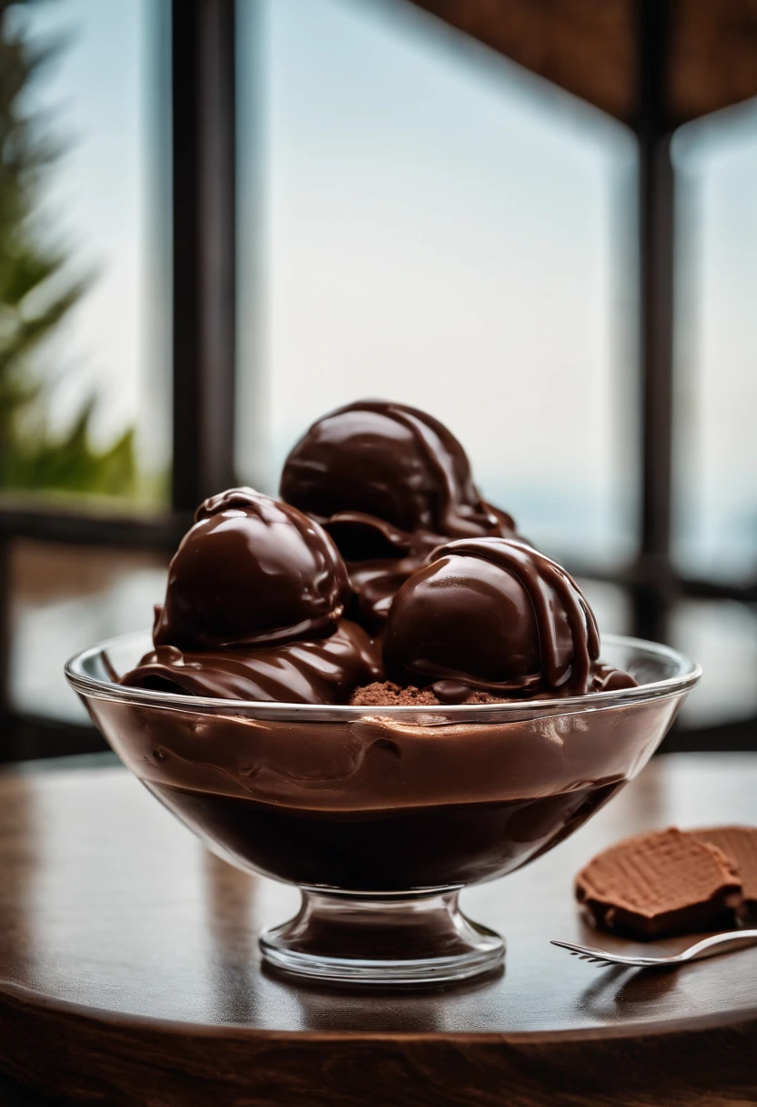 A glass ice cream bowl with three scoops of chocolate ice cream, covered in chocolate sauce, on top of a table in an open setting that resembles a balcony.