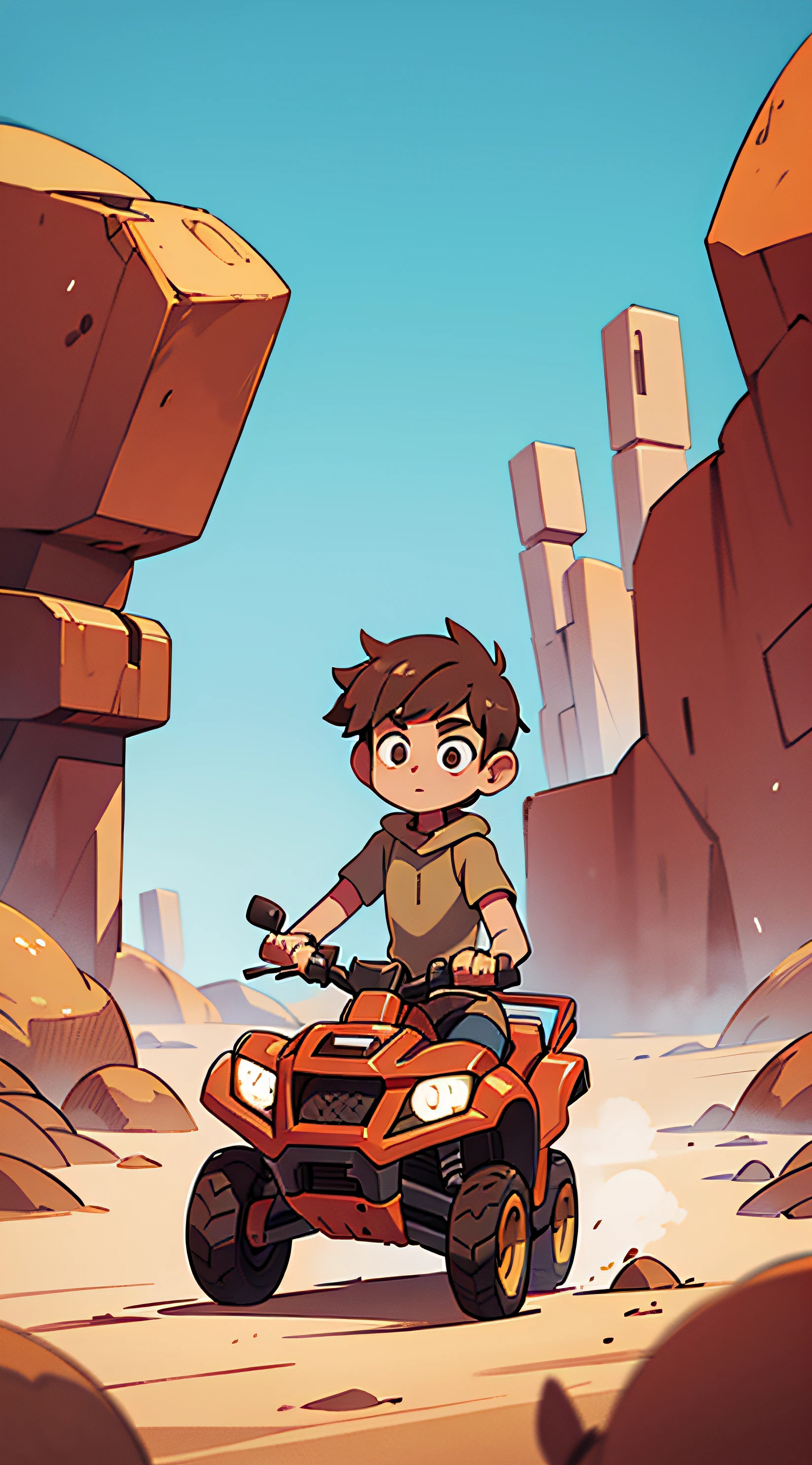 Guy. light brown short hair. Quad bike. desert