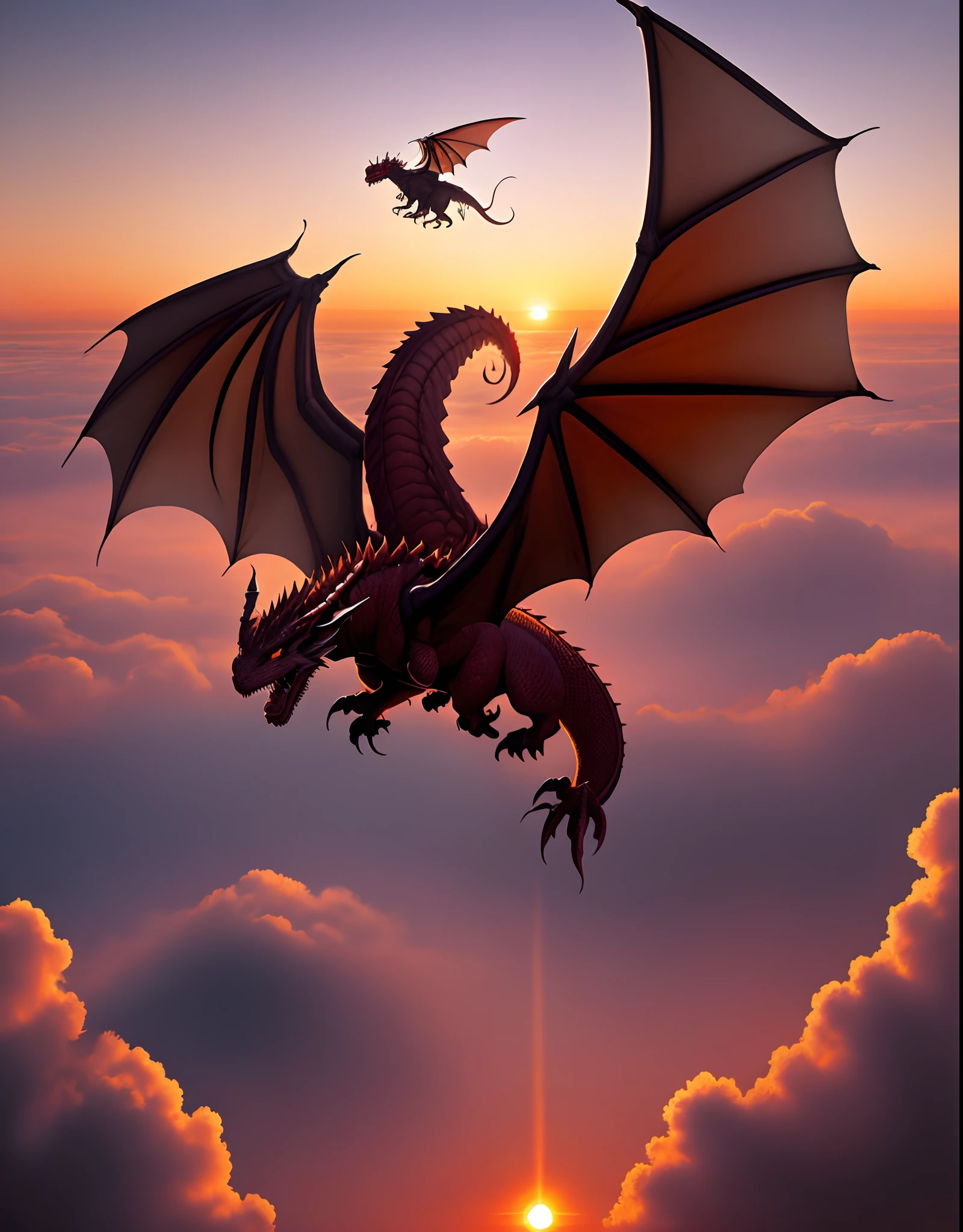 Red dragon flying in the sunset