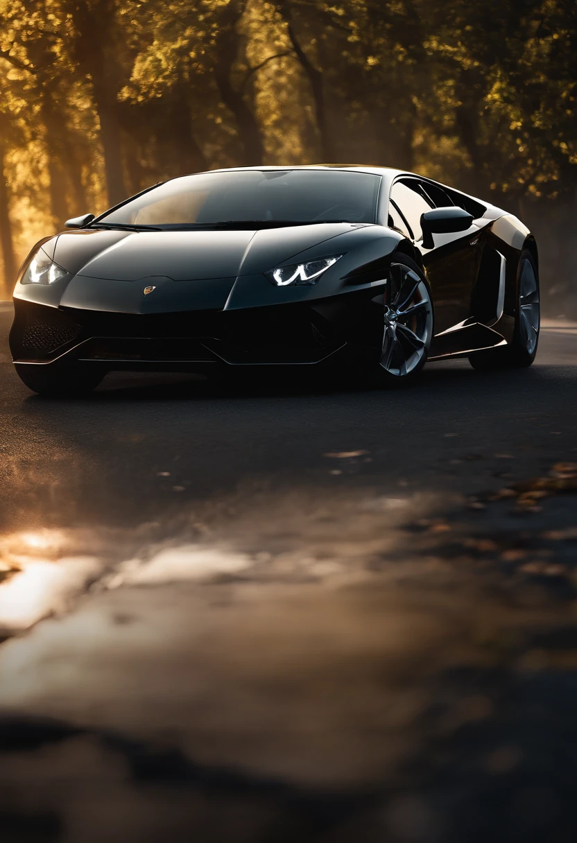 You are the art director of a futuristic film and are tasked with creating the epic opening scene. Describe in detail the image that captures the essence of speed and elegance: a gleaming black Lamborghini amidst a landscape where asphalt meets nature. Strive for perfection in the details, from the metallic sheen of the car to the nuances of the tree leaves. Immortalize the fusion of technology and nature with a cinematic touch that will leave viewers breathless. Remember, quality is the key word; each pixel tells a story.