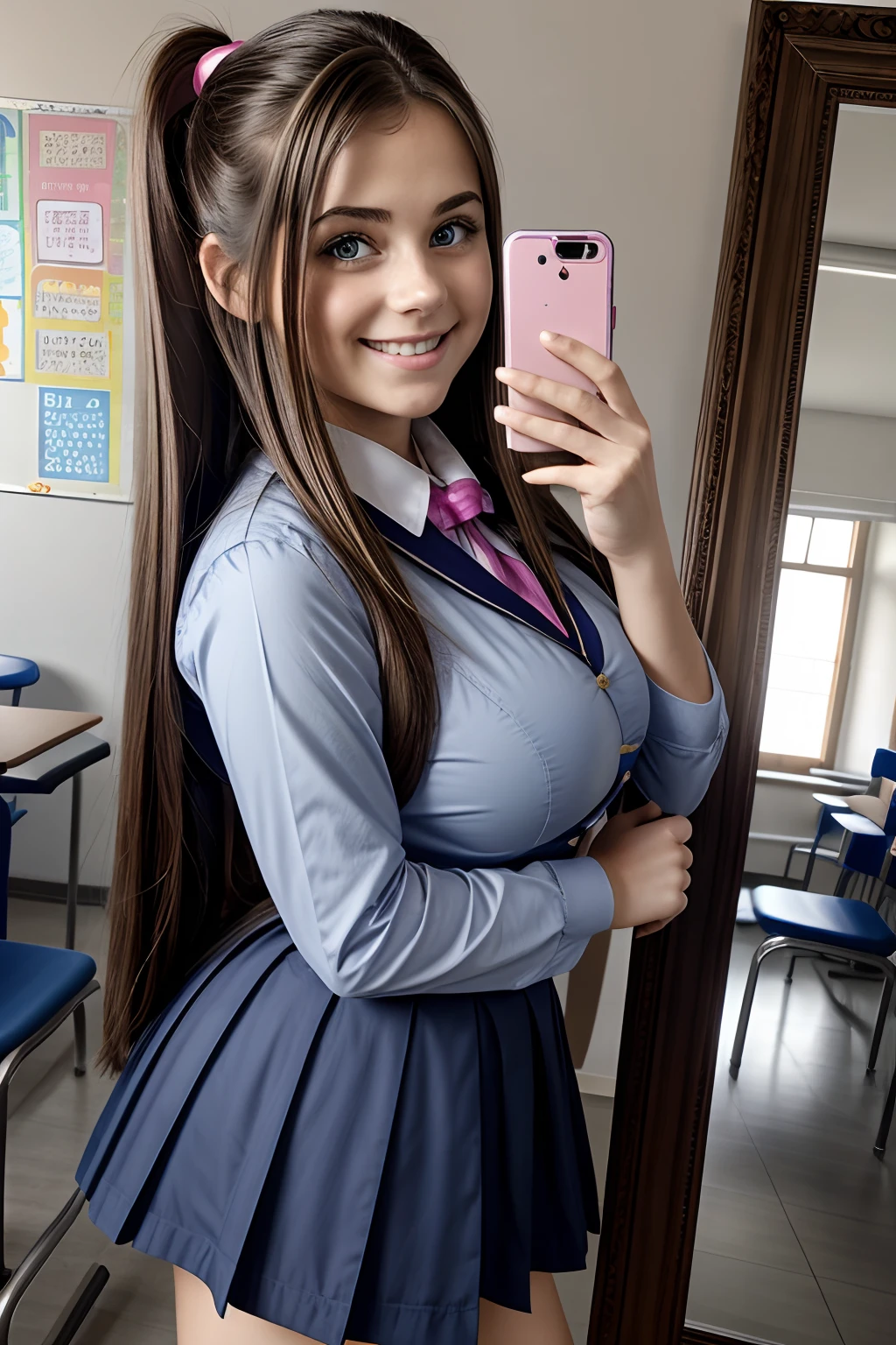 masterpiece, best quality, ultra-detailed, {cinematic lighting}, {illustration}, 1 brunette girl, , Catholic school uniform, ((huge gigantic breasts)), blue eyes,(pink ),twin tails, high_school_girl,looking in a mirror with selfi camera in hand, smiling, curvy_figure, fully clothed, thicc_thighs, cum_filled, brunette hair, leaning on the wall, classroom, student