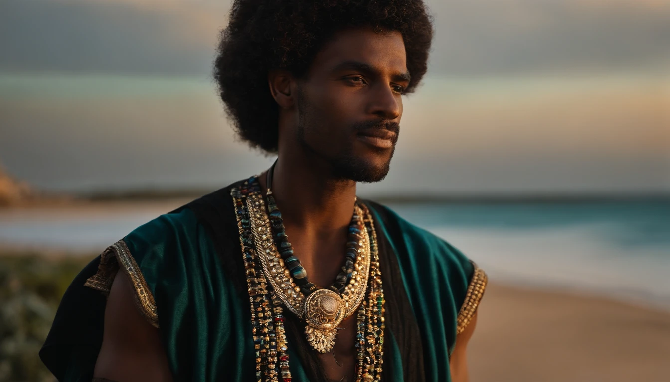 Homem negro, olhos azuis, roupa do Egito