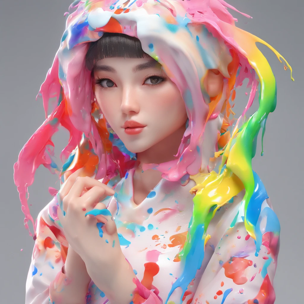 (Masterpiece, Best Quality, High Resolution, 4K Resolution, 8K Resolution, Realistic, Real human), White Background, ((Paint Splash, Color Splash, Splash of Ink, Color Splash, clean face)), Sweet Chinese Girl hijab, Rainbow Hair, Pink Lips, Front, Upper Body, hijab