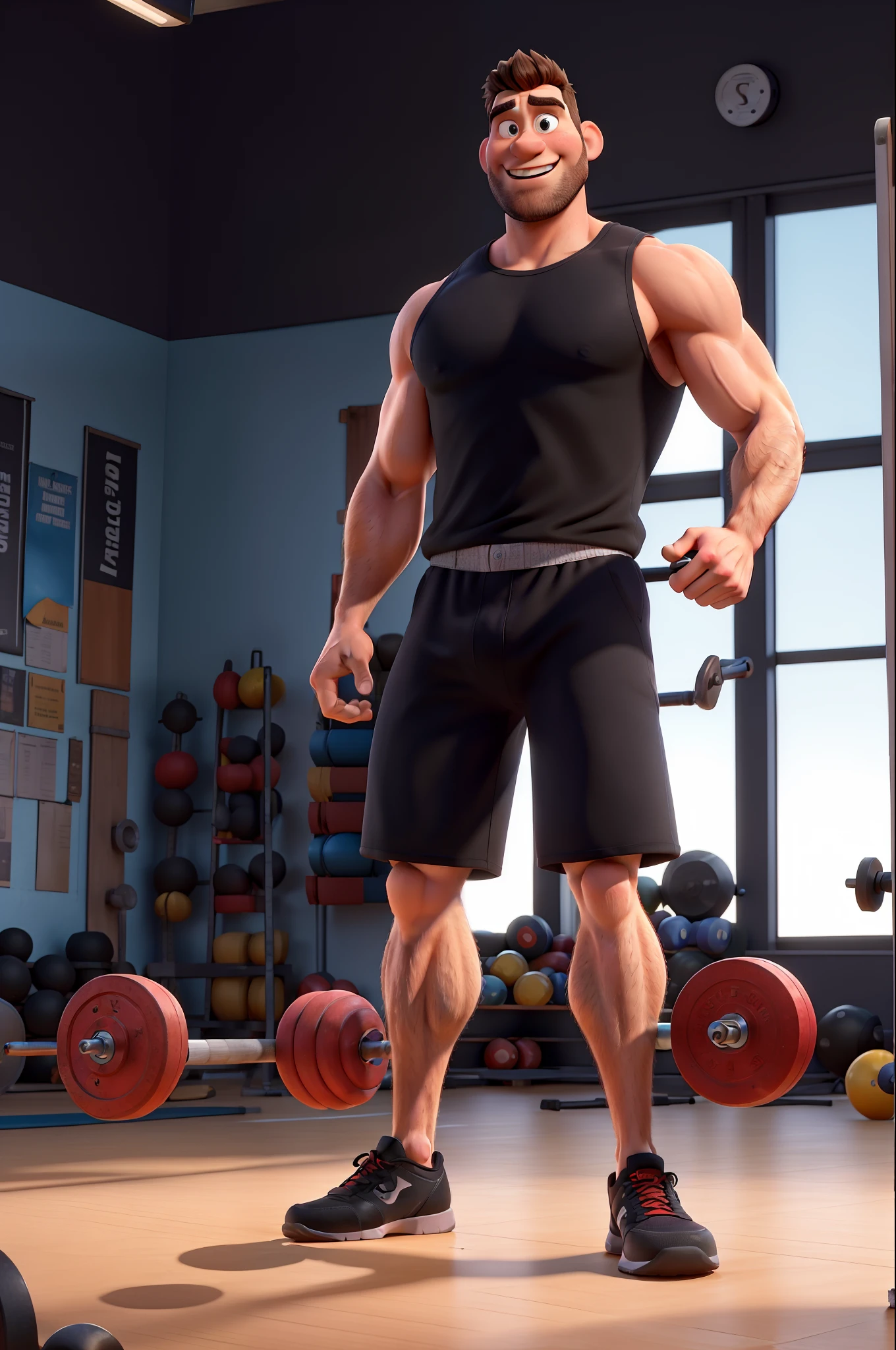 3D poster inspired by Pixar capturing a scene with a tall, Athletic and Strong caucasian 28-year-old man, Wearing a fitness tank, bald and black bearded, in the middle of his gym. He is focused on engaging with his Leg Press 45º machine , showcasing his joy in teaching weightlifting to his 3 students. The gym equipment in the background adds depth to the scene. Typography in Pixar animation style for the title of the image 'TREINADOR LUIZ MARTINS' on the top.