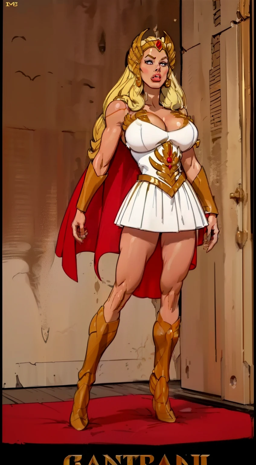 ((full body view:1.2)), ((she-ra)),((1985)), (pale skin:1.2), (white skin:1.5), ((front view:1.3)), pale face, (puffy lips:1.4), (crown:1.4),(white skirt), ((gold gauntlets:1.3)), ((red cape:1.1)), (gigantic breasts:1.4), design sheet, masterpiece, (slendered abs:1.2) ,detailed , shiny skin, beautiful lighting from the side, harsh light,epic pose, dynamic movie poster