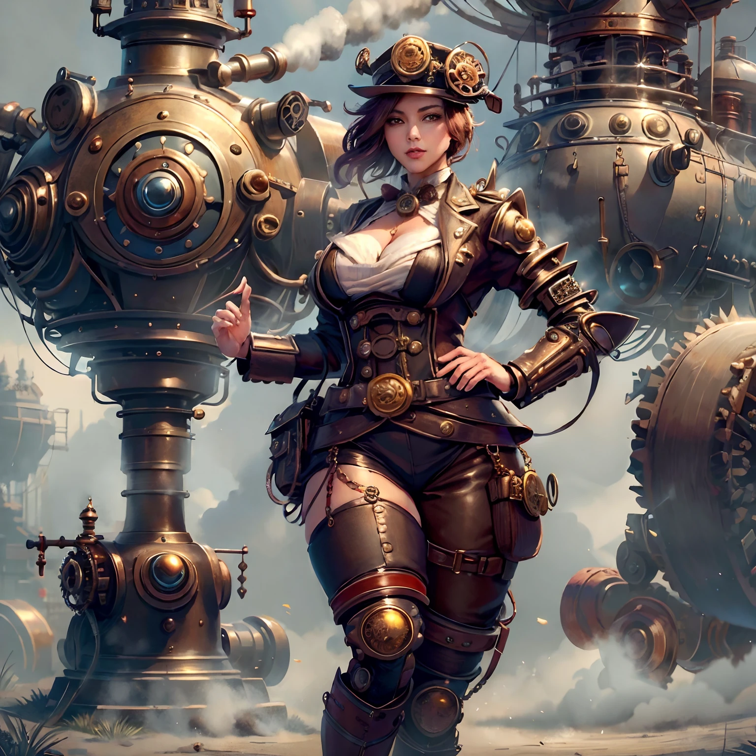 Arafed Woman Steaming - Punk Gear Standing in Front of a Machine, Steampunk beautiful anime woman, A beautiful steampunk goddess, Comme Lady Mechanika, Steampunk Pin-Up Fille, Style fantastique steampunk, Concept Art Steampunk, fille steampunk, high quality steampunk art, Art steampunk, digital steampunk art, Steampunk Cyberpunk, Artgerm Julie Bell Beeple, Steampunk de science-fiction