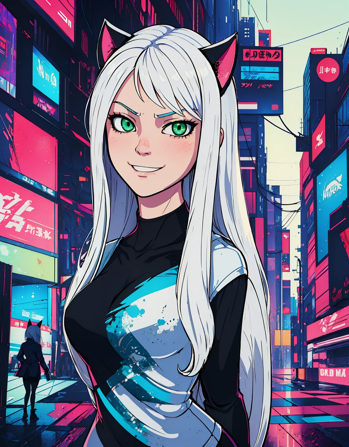 shadmanv1, anime girl, white hair, upper body, arms behind back, looking at viewer, smug, smirk, cyberpunk background, long hair, green eyes, black cat ears, blue and white t-shirt,