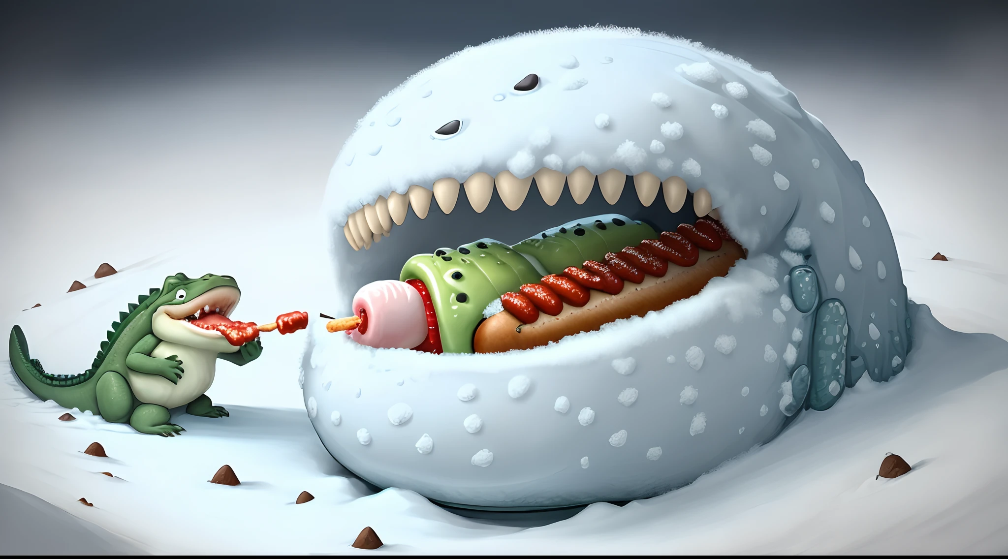 Yeti hotdog eating a crocodile
