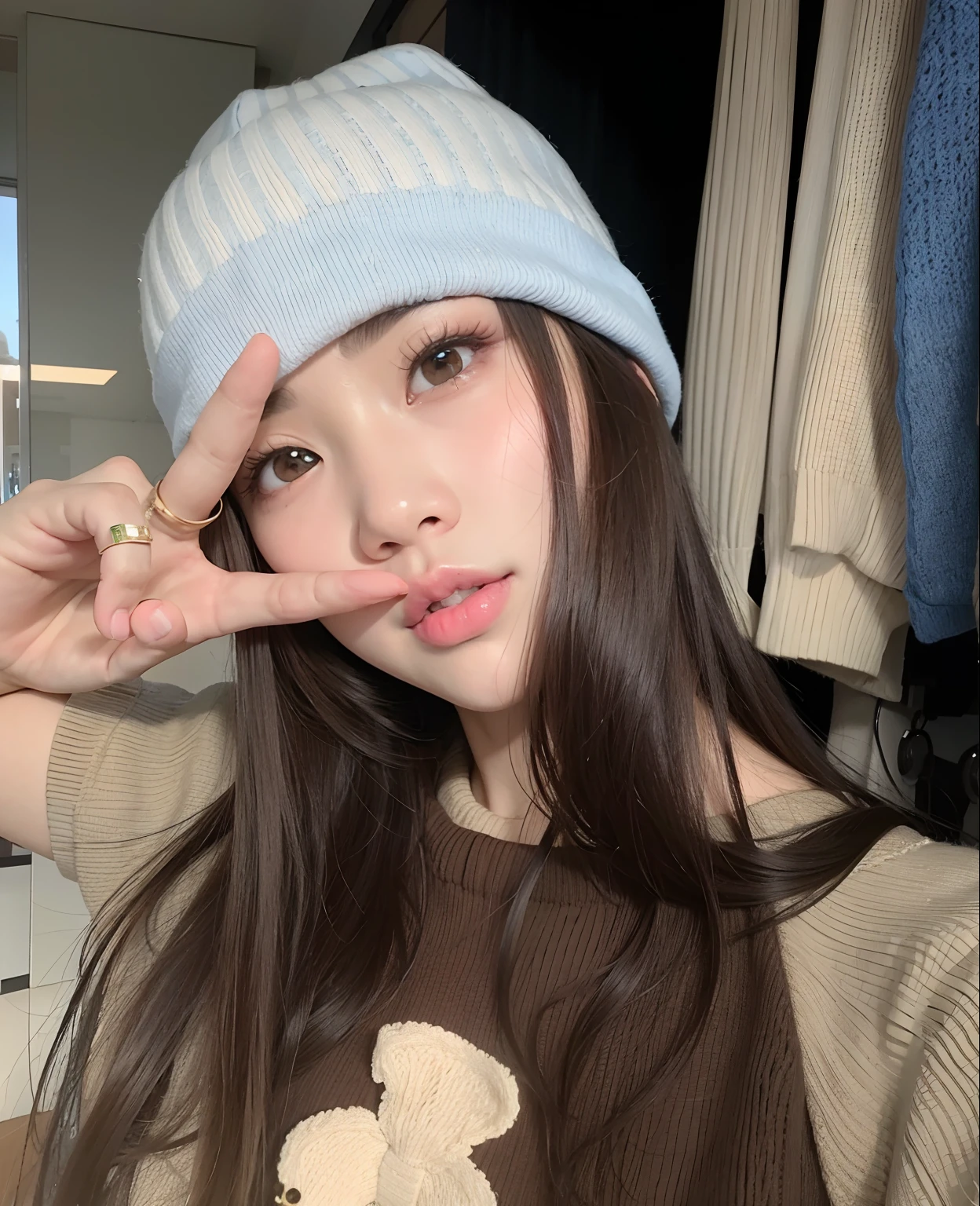 Woman with blue hat and brown shirt making a sign with fingers, jennie blackpink, Ulzzang, Parque Roseanne do Blackpink, jossi do blackpink, wan adorable korean face, wearing a chocker and cute hat, foto de perfil, young adorable korean face, wearing a cute hat, com bonito - fino - rosto, Jinyoung Canela, Jaeyeon Nam