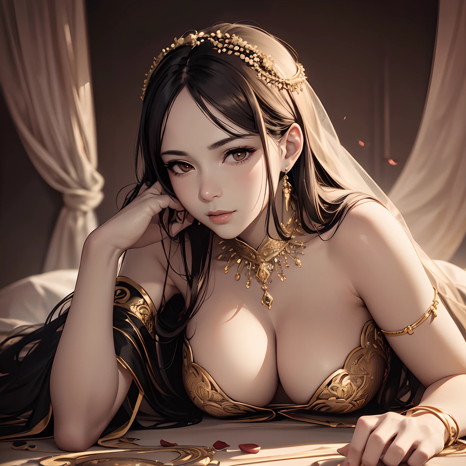 finest image, (8k, RAW photo, realistic), portrait, line drawing, line art, monochrome, no color, beautiful women's lazy gestures, poses, and expressions, background ivory, many red petals, gold jewelry accessories, detailed and delicate depiction, professional lighting
