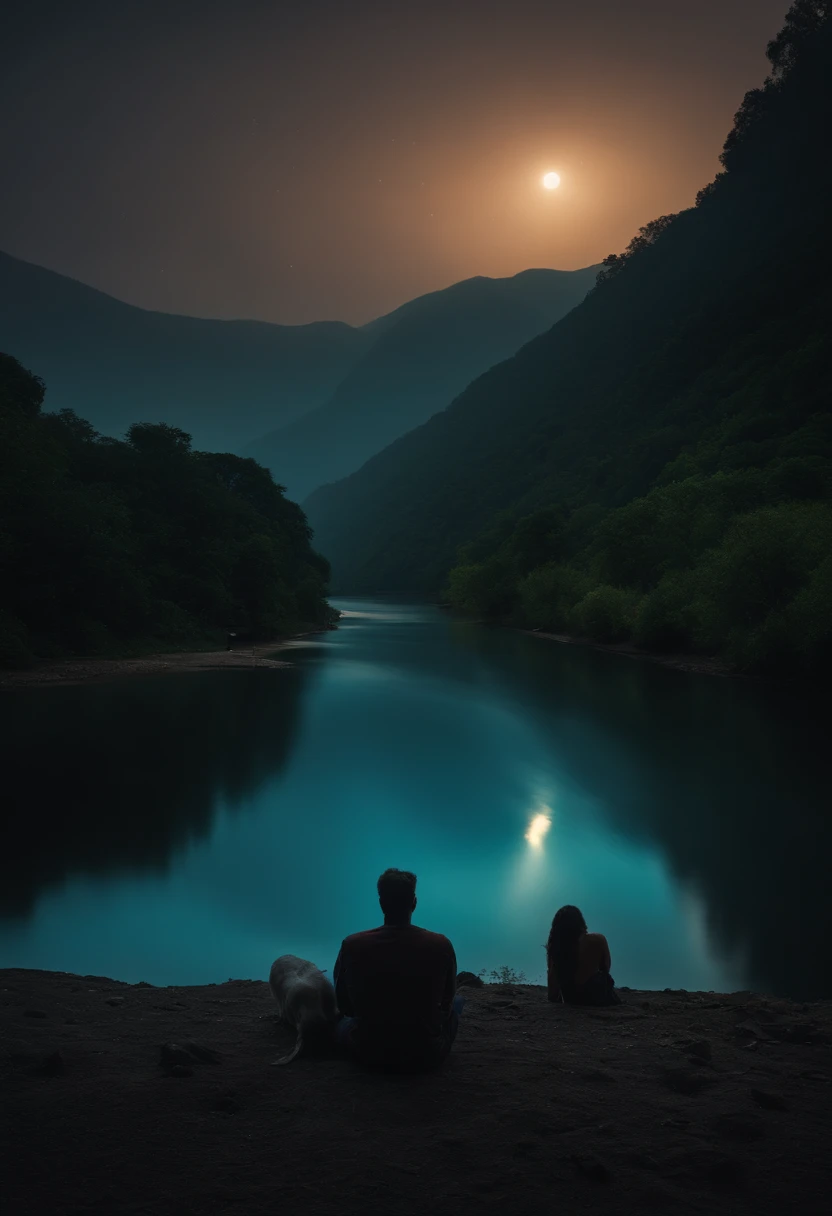 A man sitting on bank of a river in the darkness of night with his flock and a woman is swimming in river to meet him. Create a dramatic image of scene