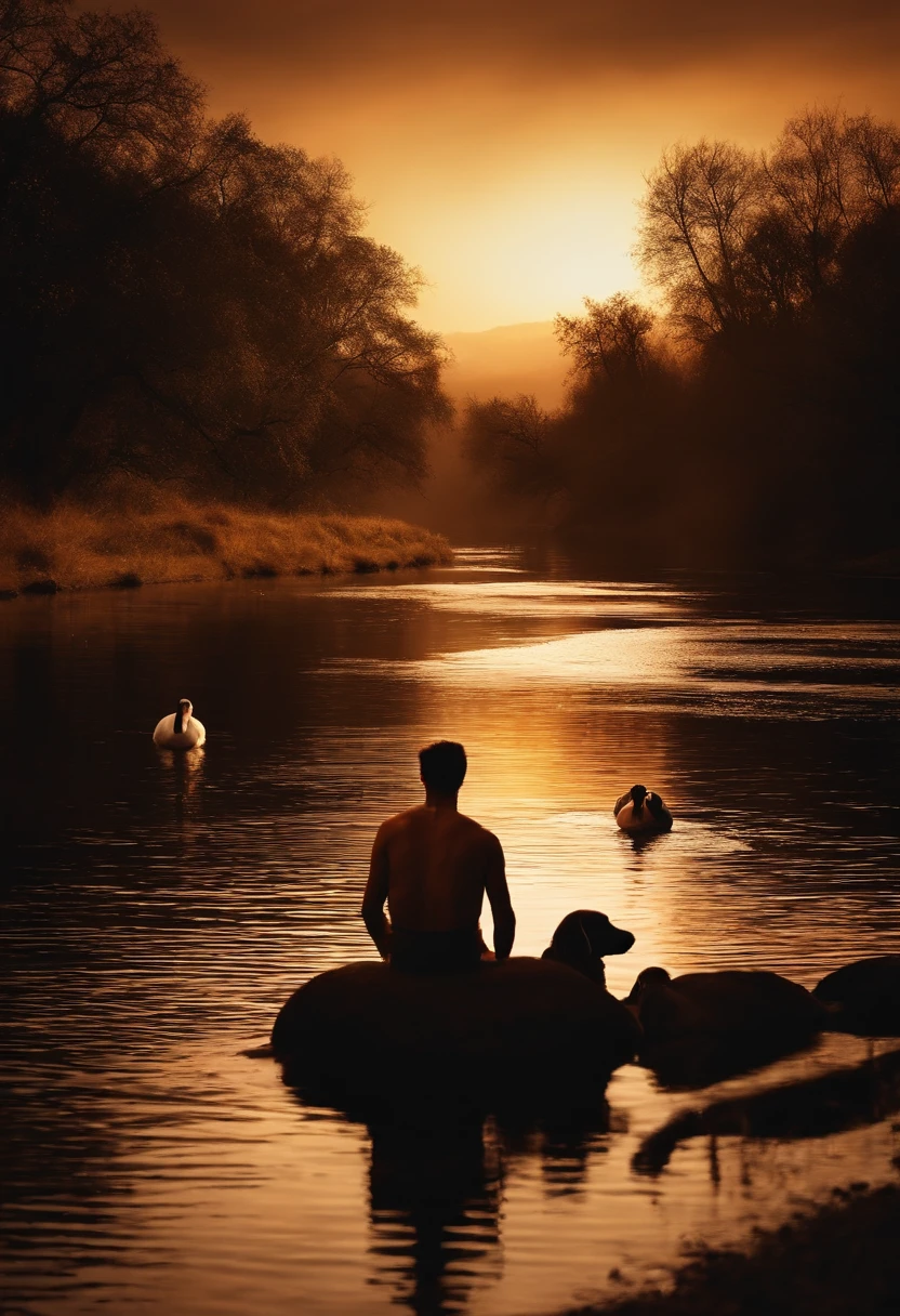 A man sitting on bank of a river in the darkness of night with his flock and a woman is swimming in river to meet him. Create a dramatic image of scene