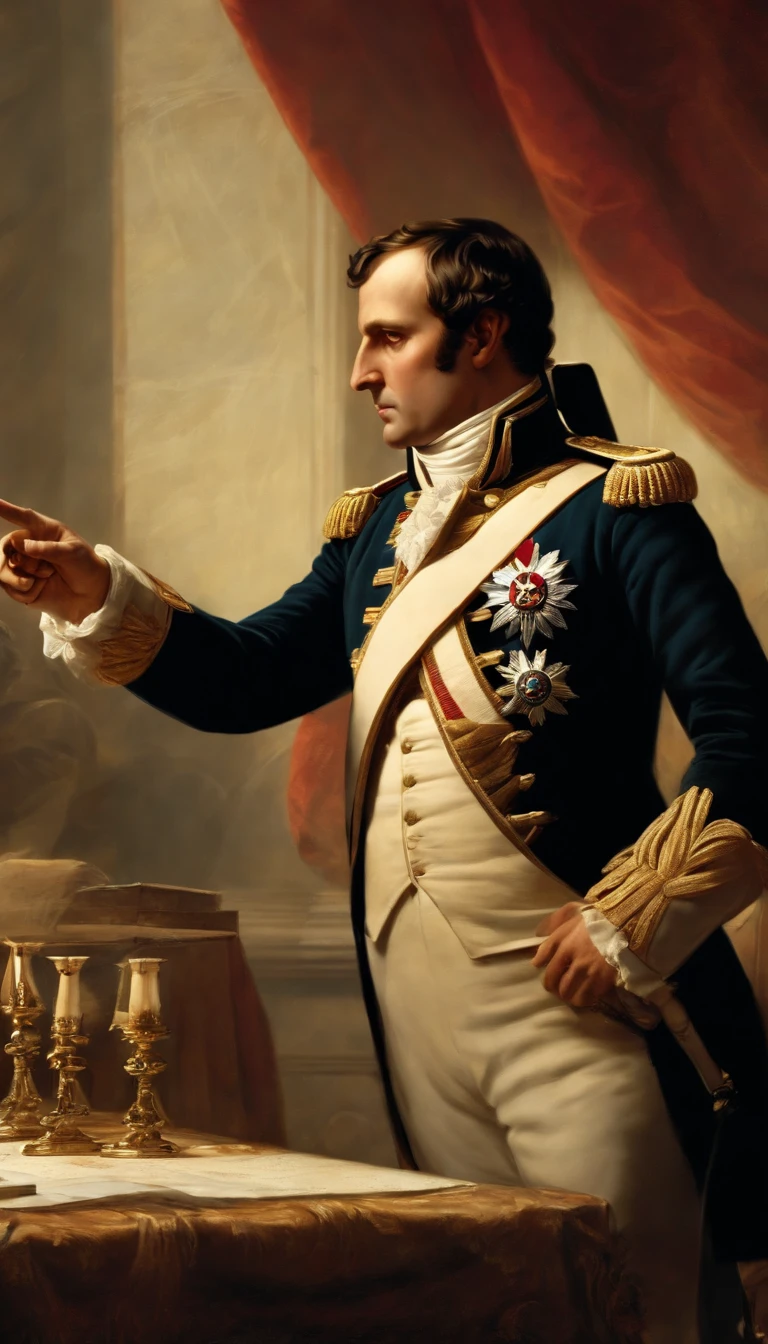 painting of Napoleon Bonaparte with a sad look and hands on his forehead