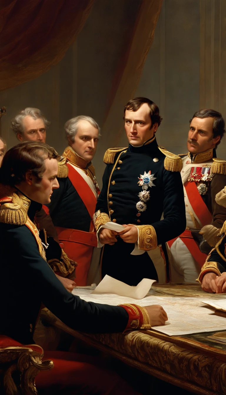 Napoleon Bonaparte meeting with his generals, he is pointing out a strategy on a table that has a map, epic, particles flying across the scene, illustration