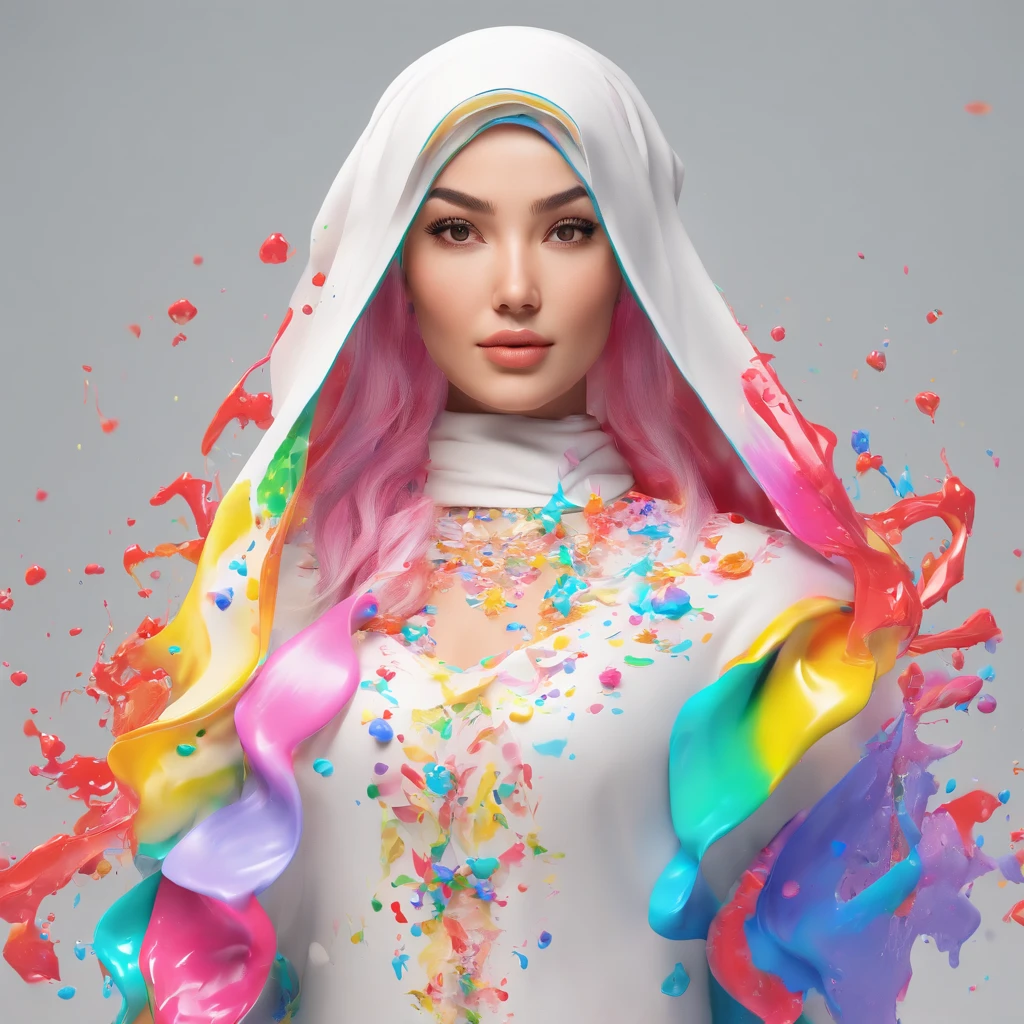 (Masterpiece, Best Quality, High Resolution, 4K Resolution, 8K Resolution, Realistic, Real human), White Background, ((Paint Splash, Color Splash, Splash of Ink, Color Splash)), Sweet Chinese Girl hijab, Rainbow Hair, Pink Lips, Front, Upper Body, hijab