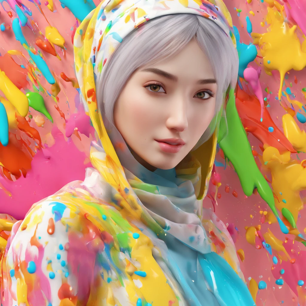 (Masterpiece, Best Quality, High Resolution, 4K Resolution, 8K Resolution, Realistic, Real human), White Background, ((Paint Splash, Color Splash, Splash of Ink, Color Splash)), Sweet Chinese Girl hijab, Rainbow Hair, Pink Lips, Front, Upper Body, hijab