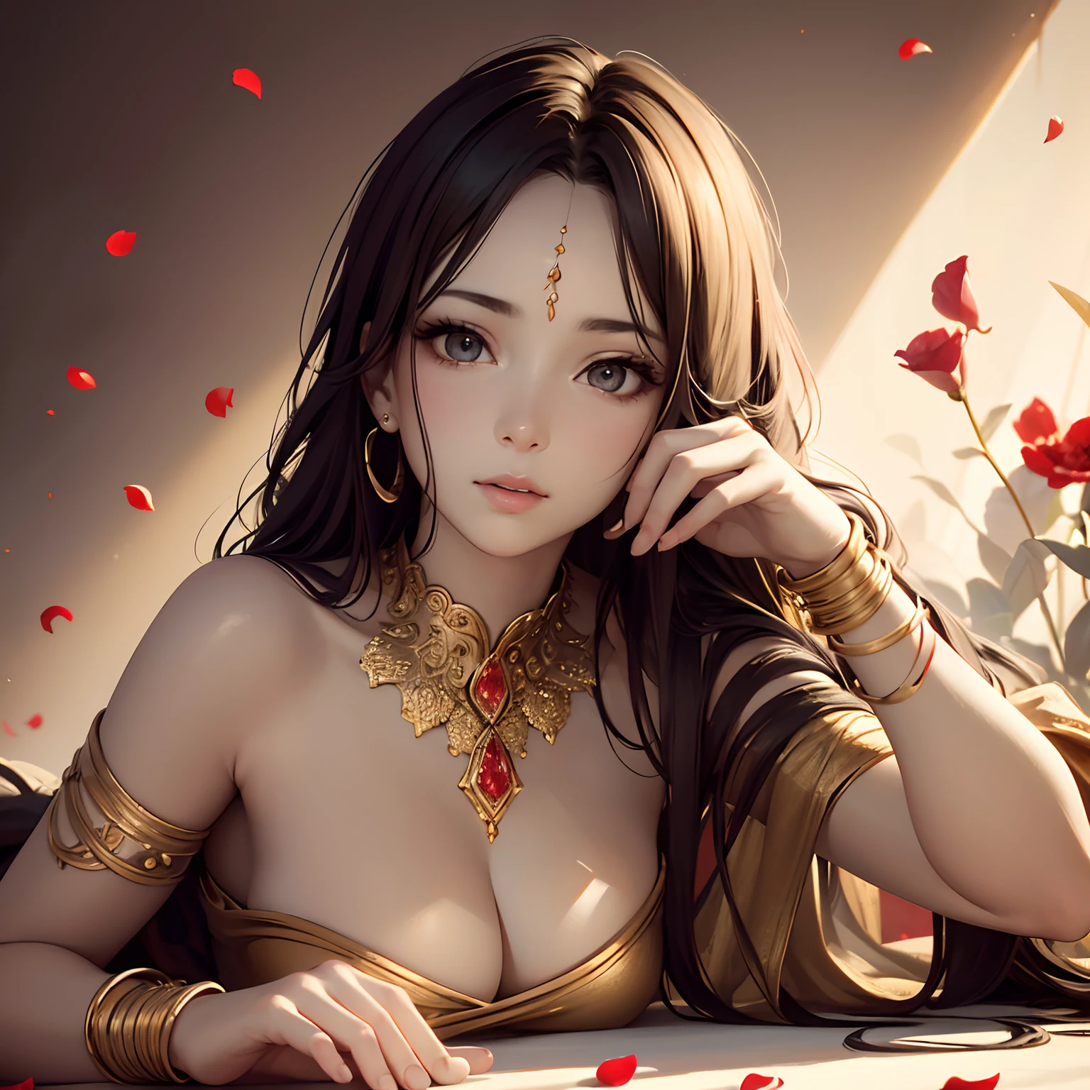 finest image, (8k, RAW photo, realistic), portrait, line drawing, line art, monochrome, no color, beautiful women's lazy gestures, poses, and expressions, background ivory, many red petals, gold jewelry accessories, detailed and delicate depiction, professional lighting