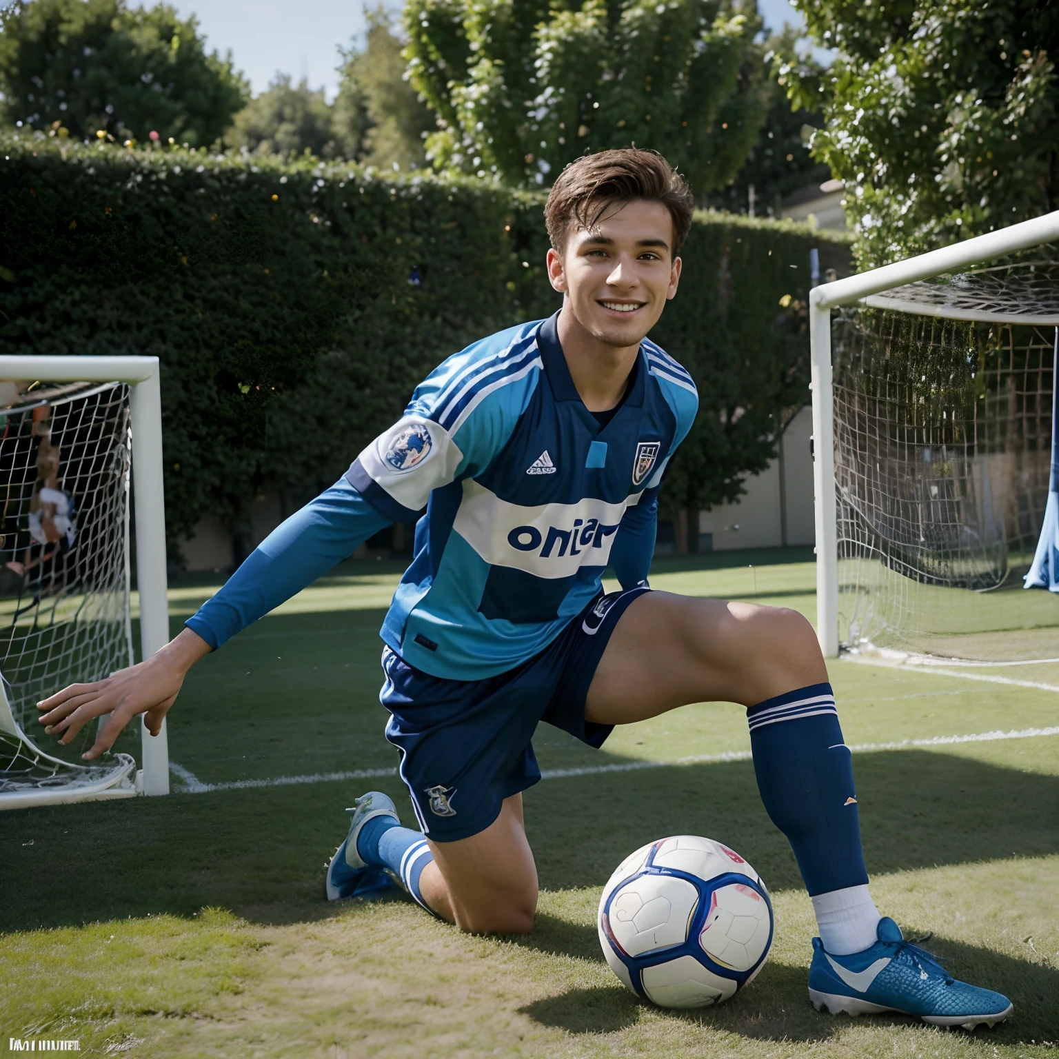 un jeune homme de 16 ans, joueur de football talentueux, portant le maillot de Los Angeles FC et arborant un joli sourire. Il est sur le terrain, dribblant habilement les adversaires, creating opportunities for his team and impressing spectators with his agility and passion for the game. Les supporters scandent son nom avec enthousiasme, reconnaissant son talent exceptionnel avec des chaussures de foot Bleu