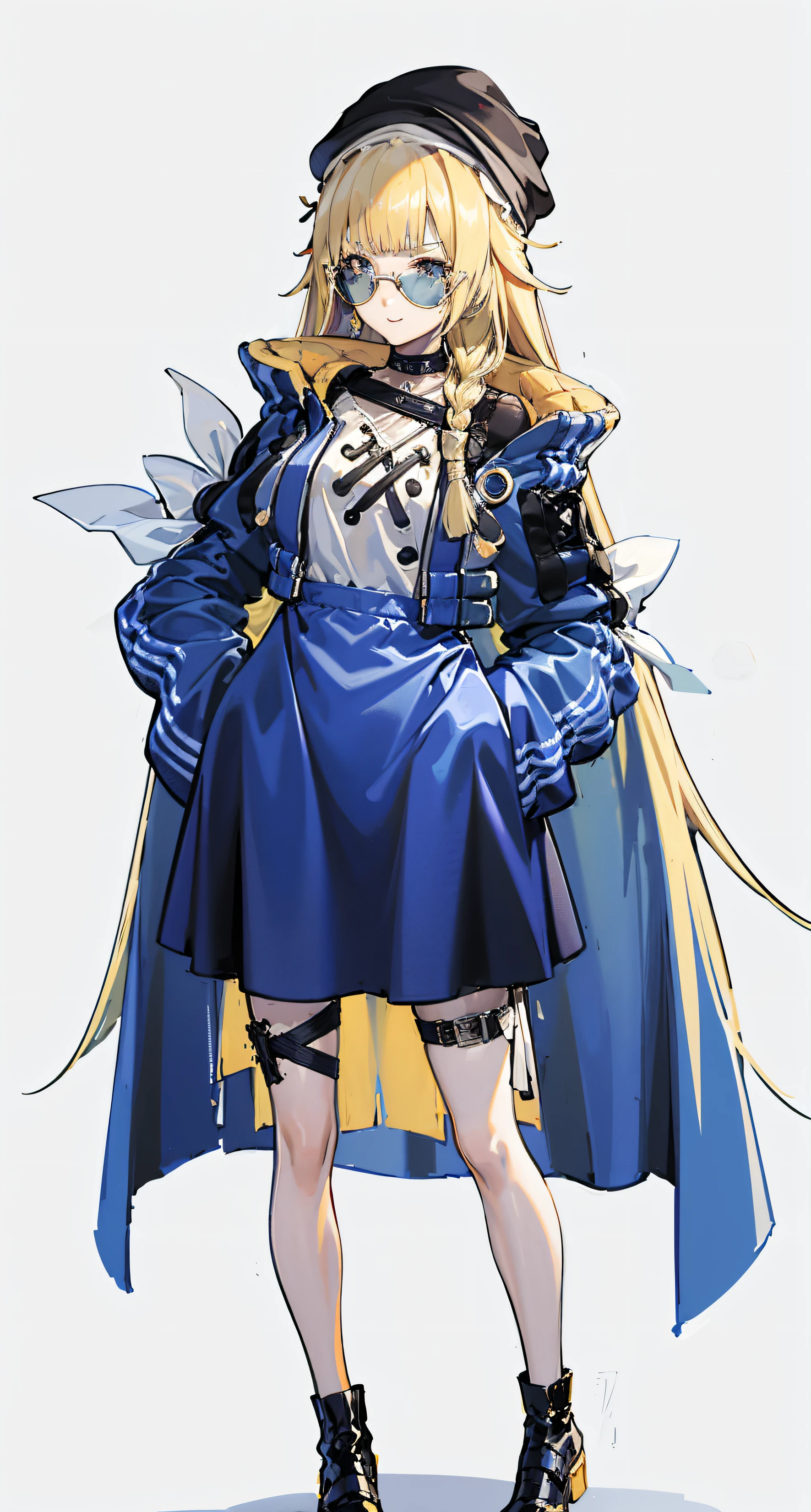 Original costume, 1girl, old,独奏, long whitr hair, Hats, sun glasses, white backgrounid, jaket, ssmile, blue jacket, alternate costume, simplebackground, Serorita dress,White apron,Bunny Girl