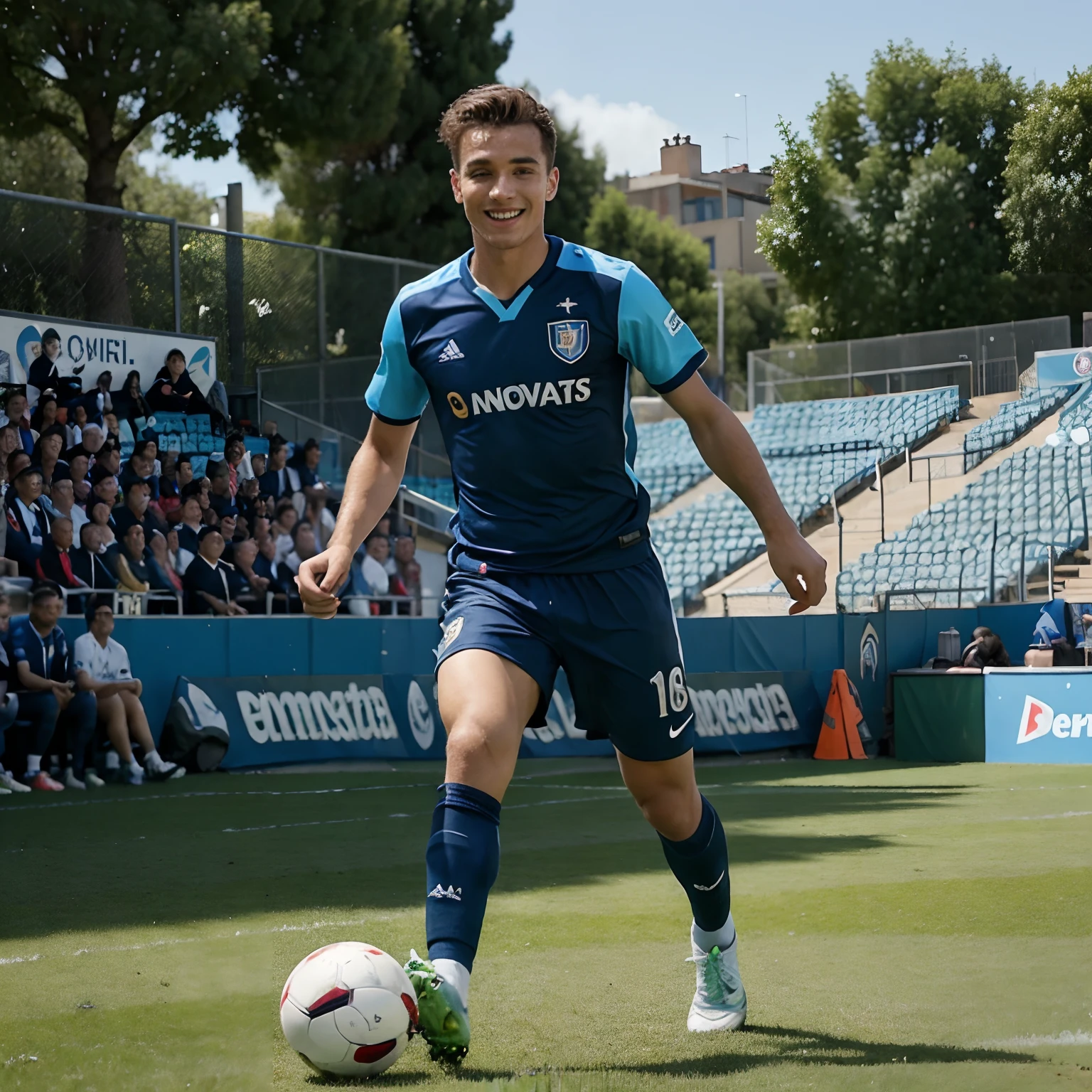 un jeune homme de 16 ans, joueur de football talentueux, portant le maillot de Los Angeles FC et arborant un joli sourire. Il est sur le terrain, dribblant habilement les adversaires, creating opportunities for his team and impressing spectators with his agility and passion for the game. Les supporters scandent son nom avec enthousiasme, reconnaissant son talent exceptionnel avec des chaussures de foot Bleu