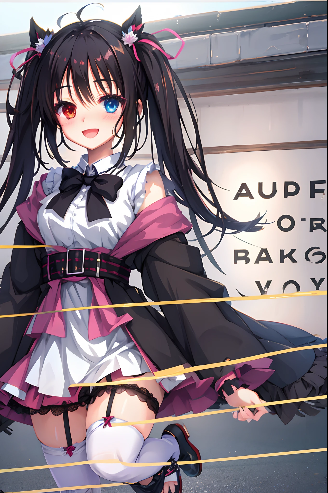 mesugaki,fantasy clothing,Twintails with black hair,Heterochromia,blushed face,Smile with open mouth,garter strap,Top image quality,Best Quality