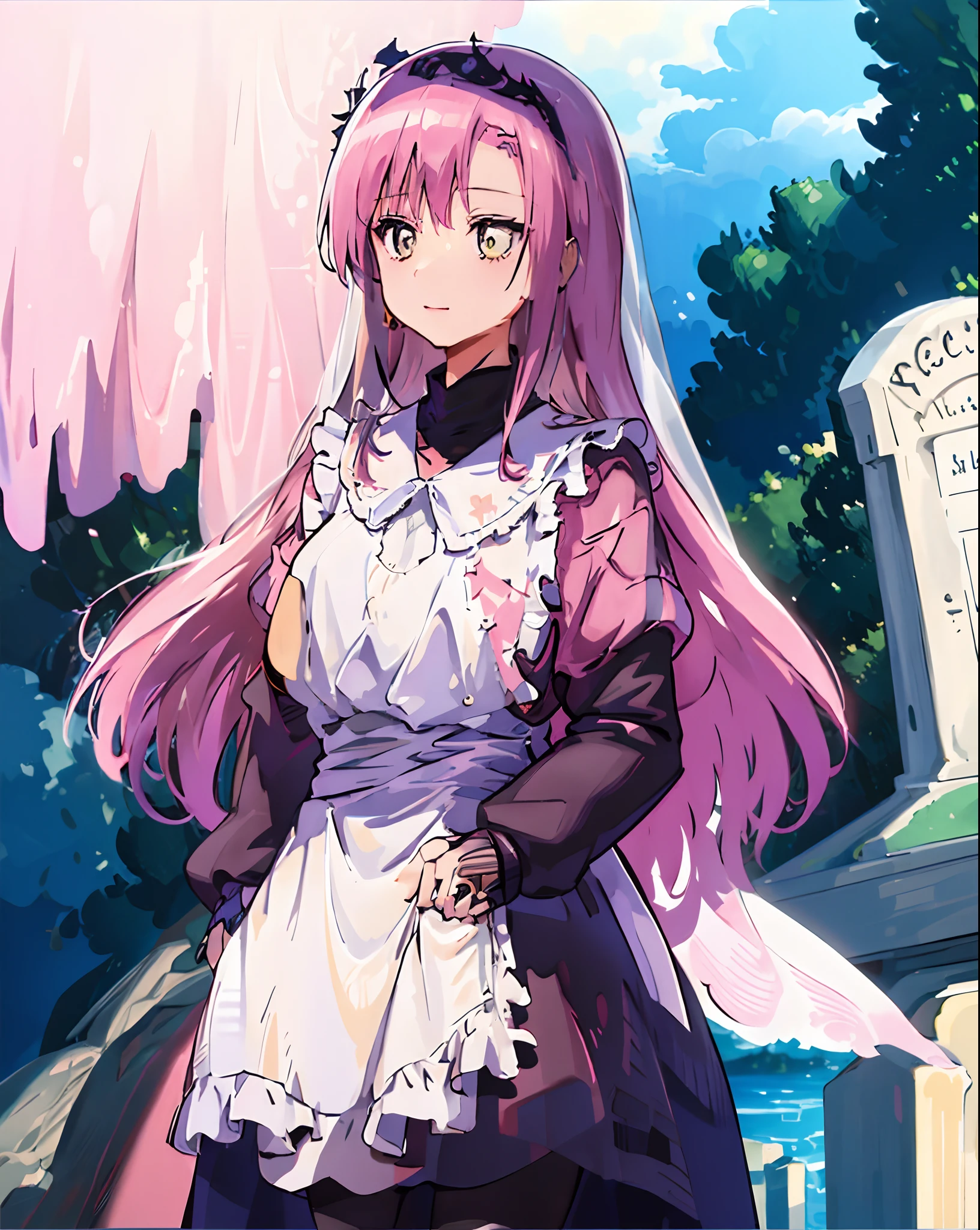masterpiece、1 girl in、Black dress、Black veil、Veil over the eyes、widow、Pink hair、burial site、Sateen、wet、is standing