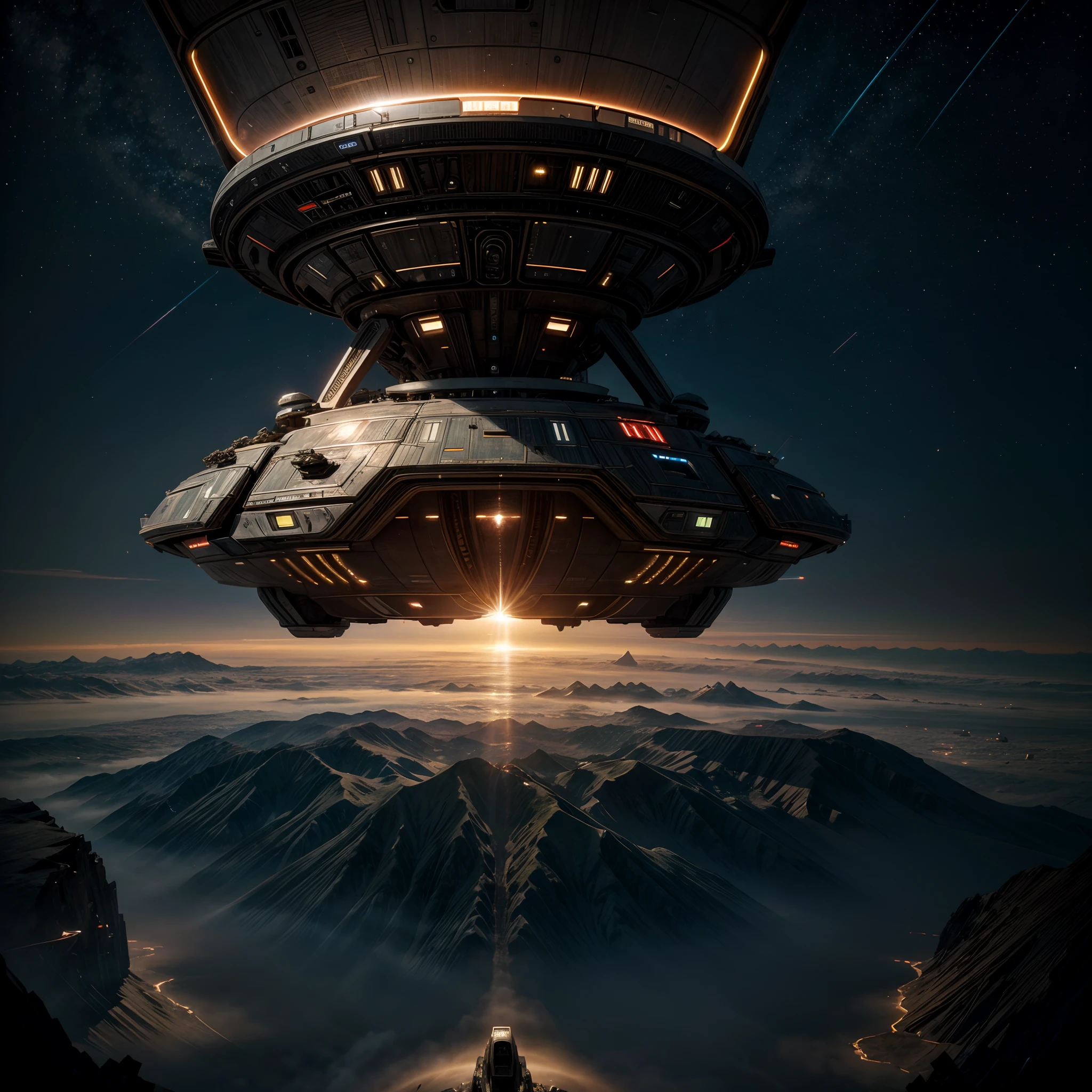 The scene includes an intricate futuristic spaceship reminiscent of those found in the Star Wars universe, a stunning view of Earth with a horizon, where the sun resembles a beautiful sunset, and it's seen from space, The spaceship should be detailed and visually captivating.
