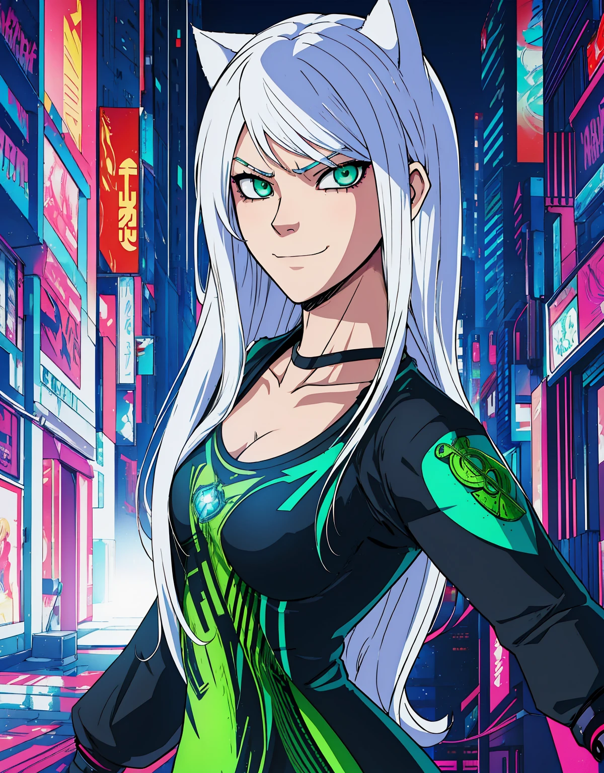 shadmanv1, anime girl, white hair, upper body, arms behind back, looking at viewer, smug, smirk, cyberpunk background, long hair, green eyes, black cat ears, blue and white t-shirt,