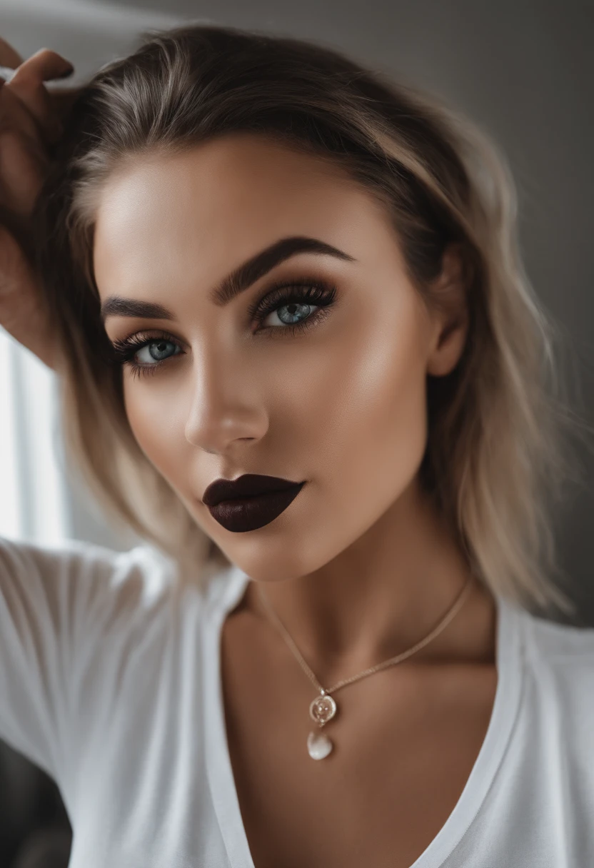 Femme Arafed en T-shirt blanc et collier, fille sexy aux yeux verts, Portrait Sophie Mudd, cheveux bruns et grands yeux, selfie of a young woman, Yeux de chambre, black lipstick, pas de maquillage, maquillage naturel, looking straight at camera, Visage avec Artgram, maquillage fin, Superbe plan complet, piercing green eyes, Bel angle, pose attrayante, douce fille, sexy pose, Image pleine longueur, complet - corps, Prise de vue du corps entier, brunette goddess, High detail, Posture satisfaite, Pantalon en cuir, gothique, Sein apparent, Tenue sexy