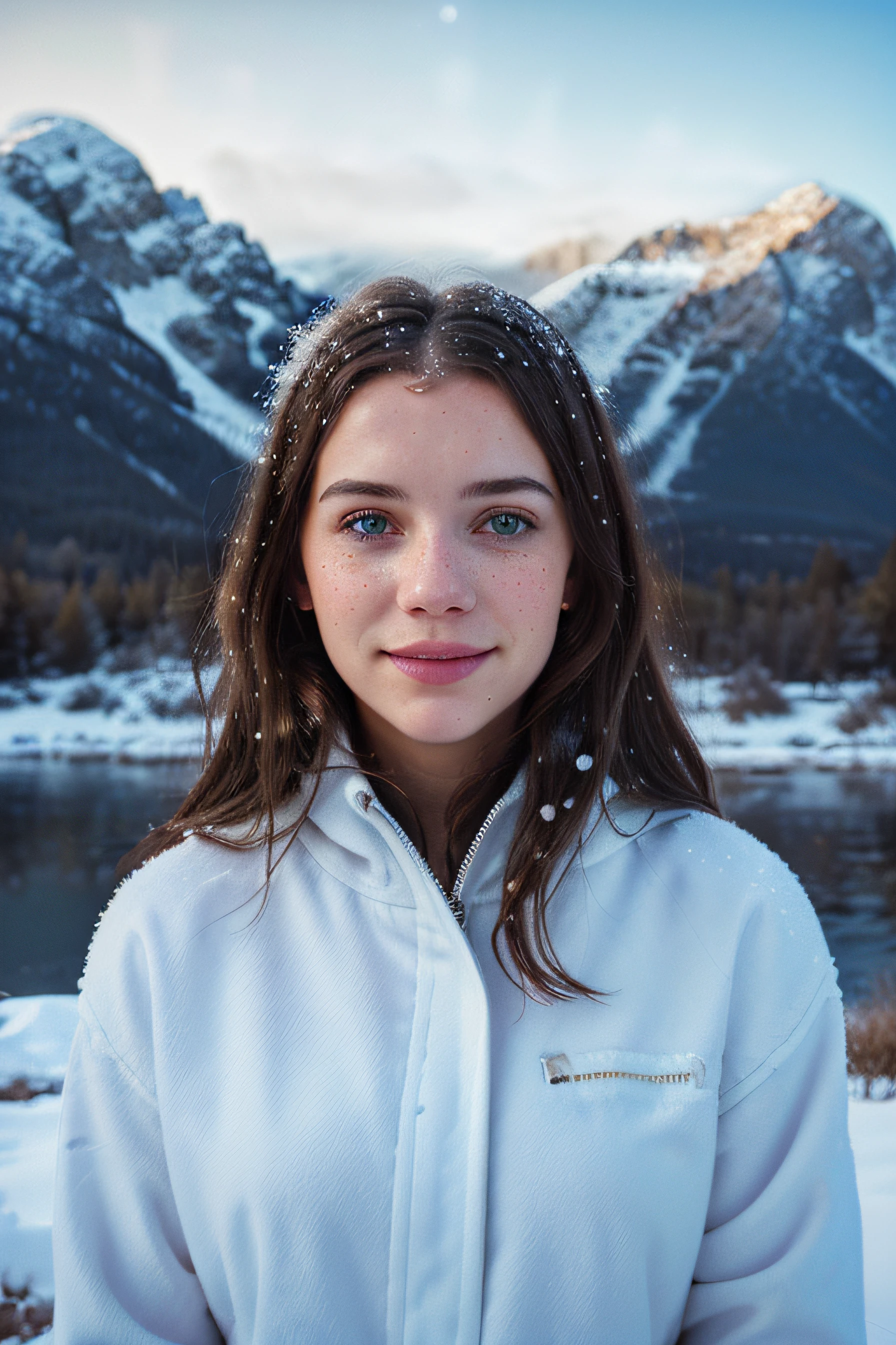 portrait of beautiful smiling woman with some freckles, snow-covered mountain landscape background by ilya kuvshinov and annie leibowitz. synthwave watercolor painting on canvas trending in artstation dramatic lighting abstract expressionism pastel shades tones (hd) golden ratio details aesthetic octane render excellent composition natural textures 8k oil paining masterpiece canon eos r4s 50