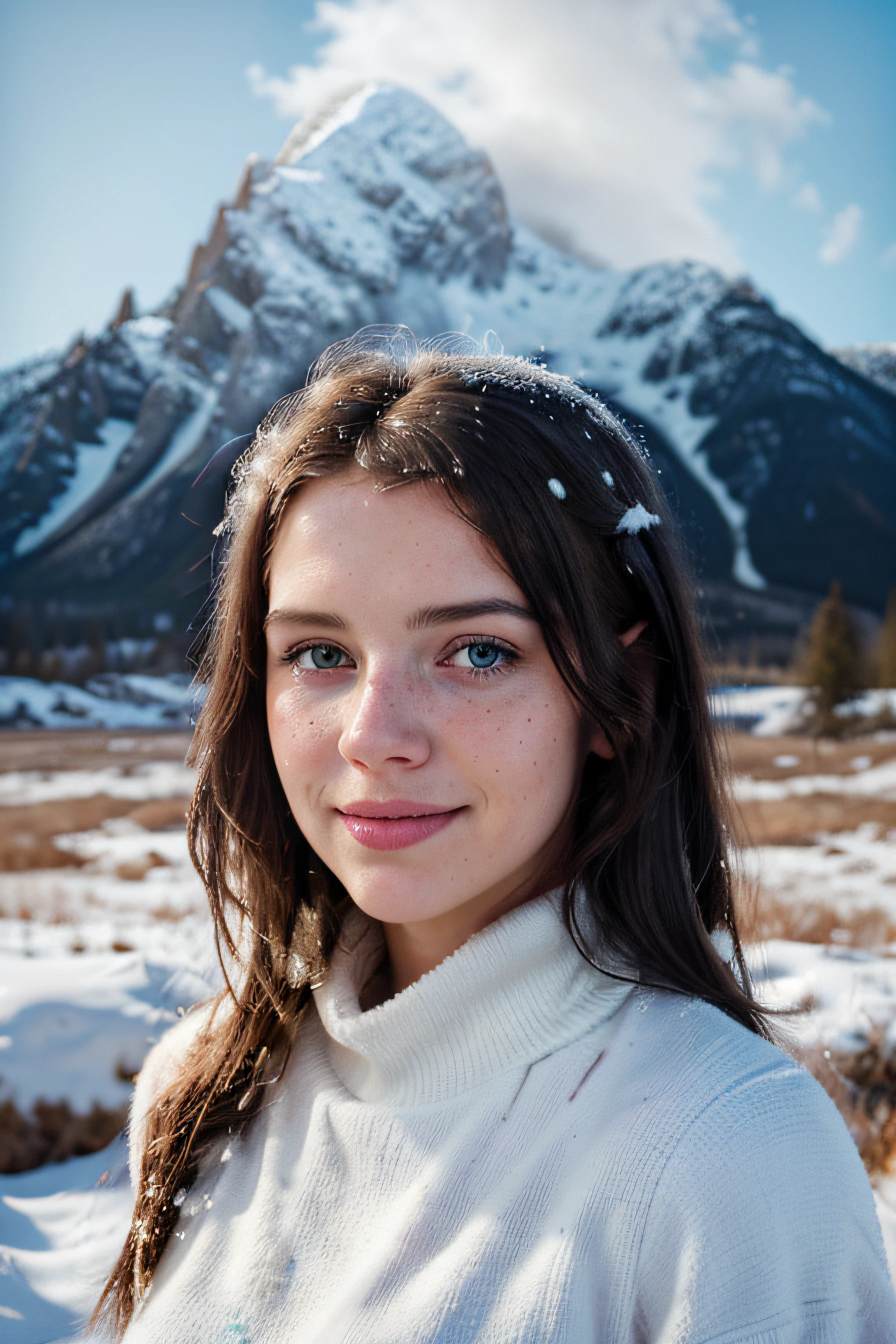 portrait of beautiful smiling woman with some freckles, snow-covered mountain landscape background by ilya kuvshinov and annie leibowitz. synthwave watercolor painting on canvas trending in artstation dramatic lighting abstract expressionism pastel shades tones (hd) golden ratio details aesthetic octane render excellent composition natural textures 8k oil paining masterpiece canon eos r4s 50