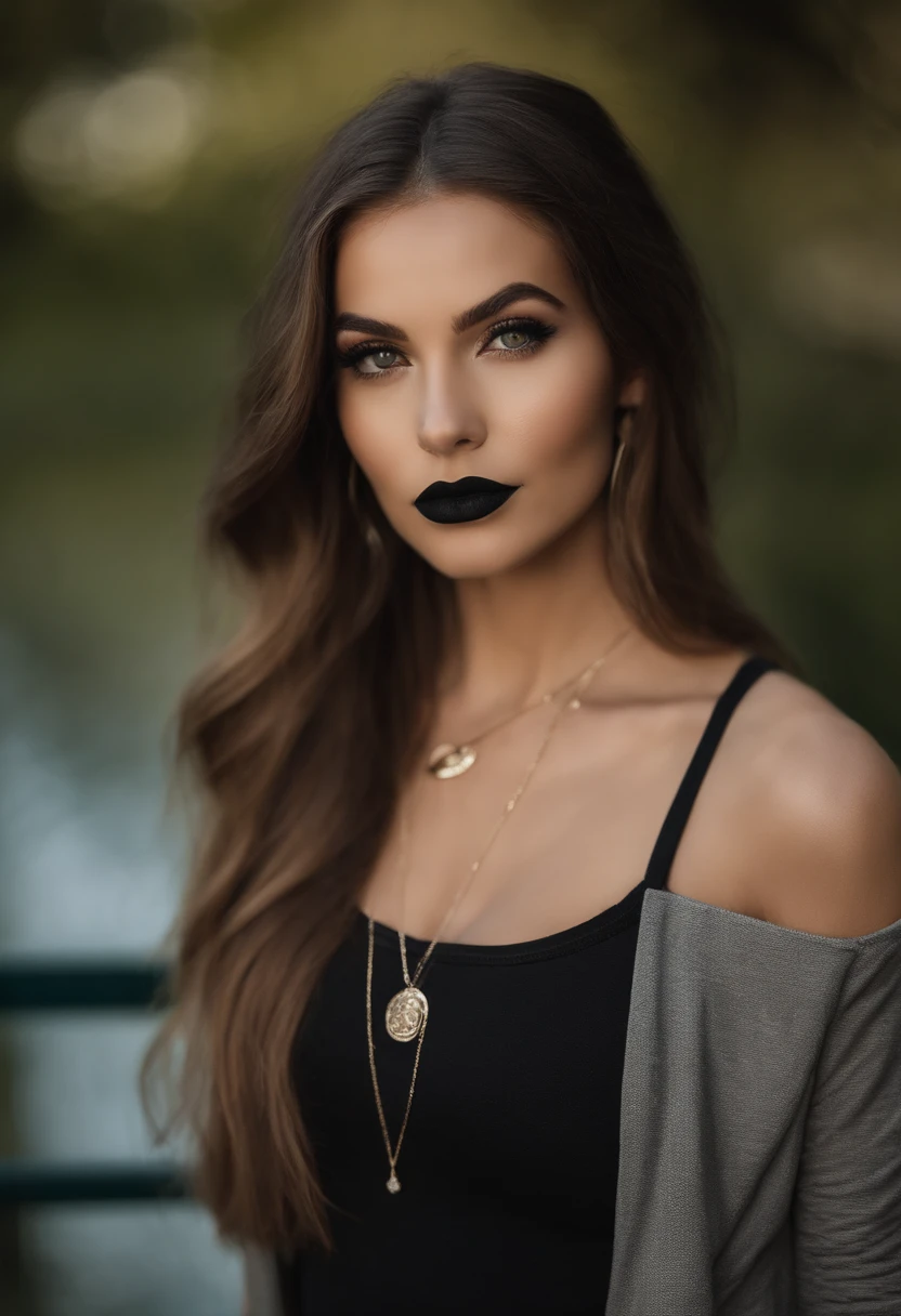 Femme Arafed en T-shirt noir et collier, fille sexy aux yeux verts, Portrait Sophie Mudd, cheveux bruns et grands yeux, selfie of a young woman, Yeux de chambre, black lipstick, pas de maquillage, maquillage naturel, looking straight at camera, Visage avec Artgram, maquillage fin, Superbe plan complet, piercing green eyes, Bel angle, pose attrayante, douce fille, sexy pose, Image pleine longueur, complet - corps, Prise de vue du corps entier, brunette goddess, High detail, Posture satisfaite, Pantalon en cuir, gothique, Sein apparent, Tenue sexy