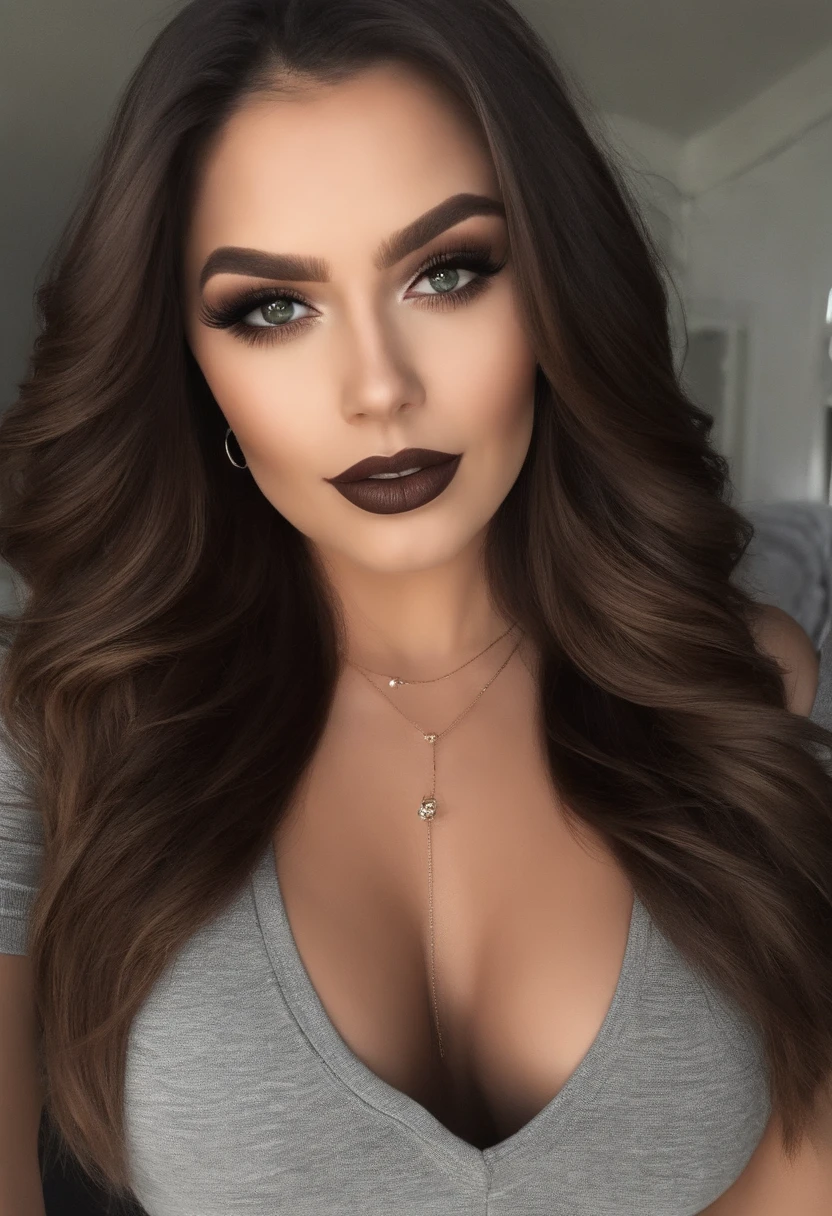 Femme Arafed en T-shirt noir et collier, fille sexy aux yeux verts, Portrait Sophie Mudd, cheveux bruns et grands yeux, selfie of a young woman, Yeux de chambre, black lipstick, pas de maquillage, maquillage naturel, looking straight at camera, Visage avec Artgram, maquillage fin, Superbe plan complet, piercing green eyes, Bel angle, pose attrayante, douce fille, sexy pose, Image pleine longueur, complet - corps, Prise de vue du corps entier, brunette goddess, High detail, Posture satisfaite, Pantalon en cuir, gothique, Sein apparent, Tenue sexy