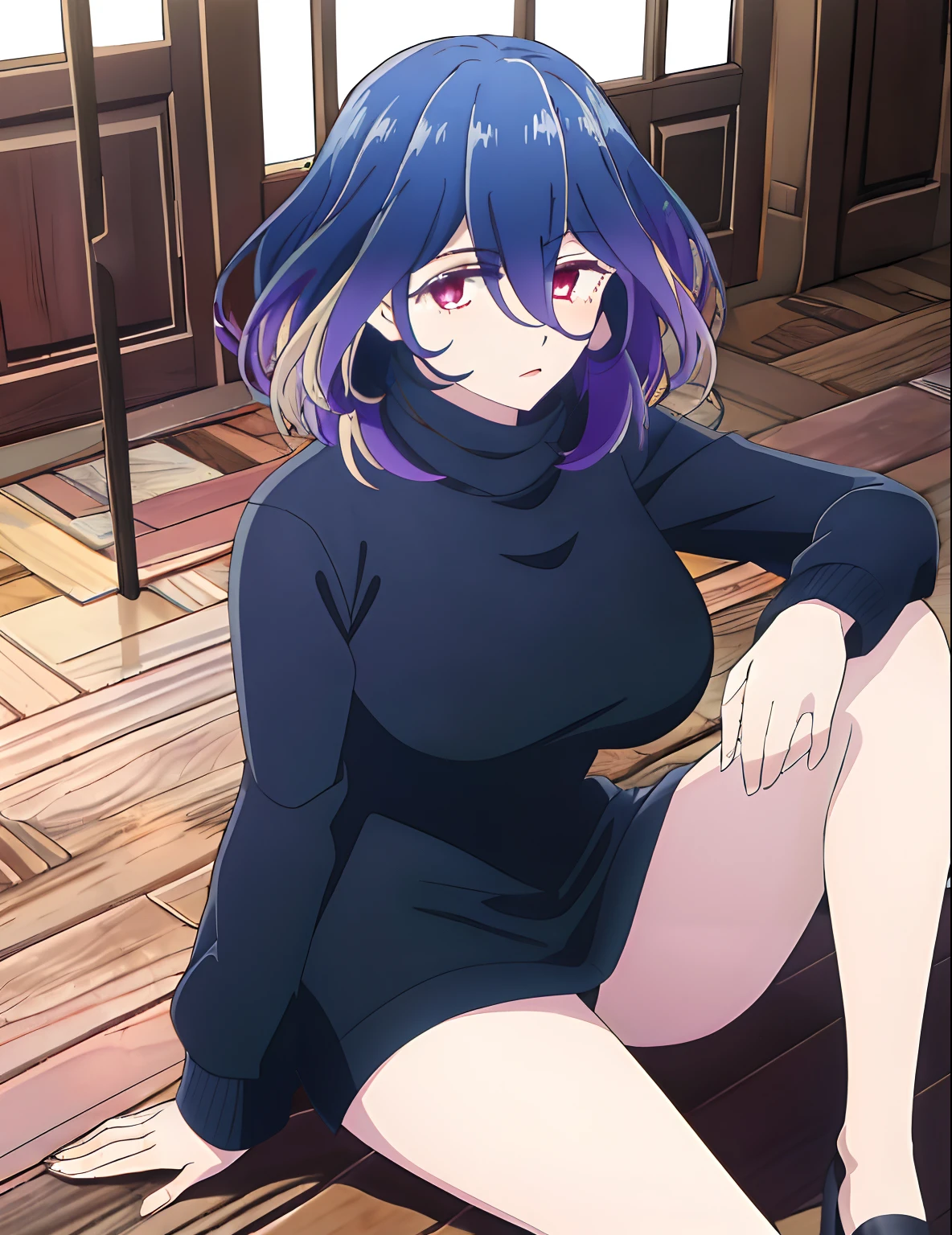 modelshoot style, (masterpiece:1.3), (absurdres:1.3), (best quality:1.3), (8K), (large masterpiece digital art), (detailed manga illustration), (handled hair), perfect anatomy, (intricate details:1.3), (ultra-detailed:1.3), (illustration:1.3), (sharp focus:1.3), (vivid colors:1.3), (1girl), (solo), Vermeil, kinsou no vermeil, (short hair:1), hair between eyes, multicolored hair, (two-tone hair, pink hair, black hair), purple eyes, leaning forward viewer, pov, thighs, sitting, virgin killer sweater, purple sweater, backless outfit, indoors, wooden floor, heart_cleavage_cutout