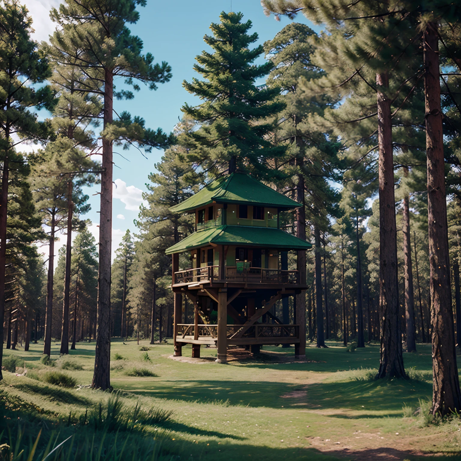 Pixel art pine forest with a green color scheme and a watch tower in the background.
