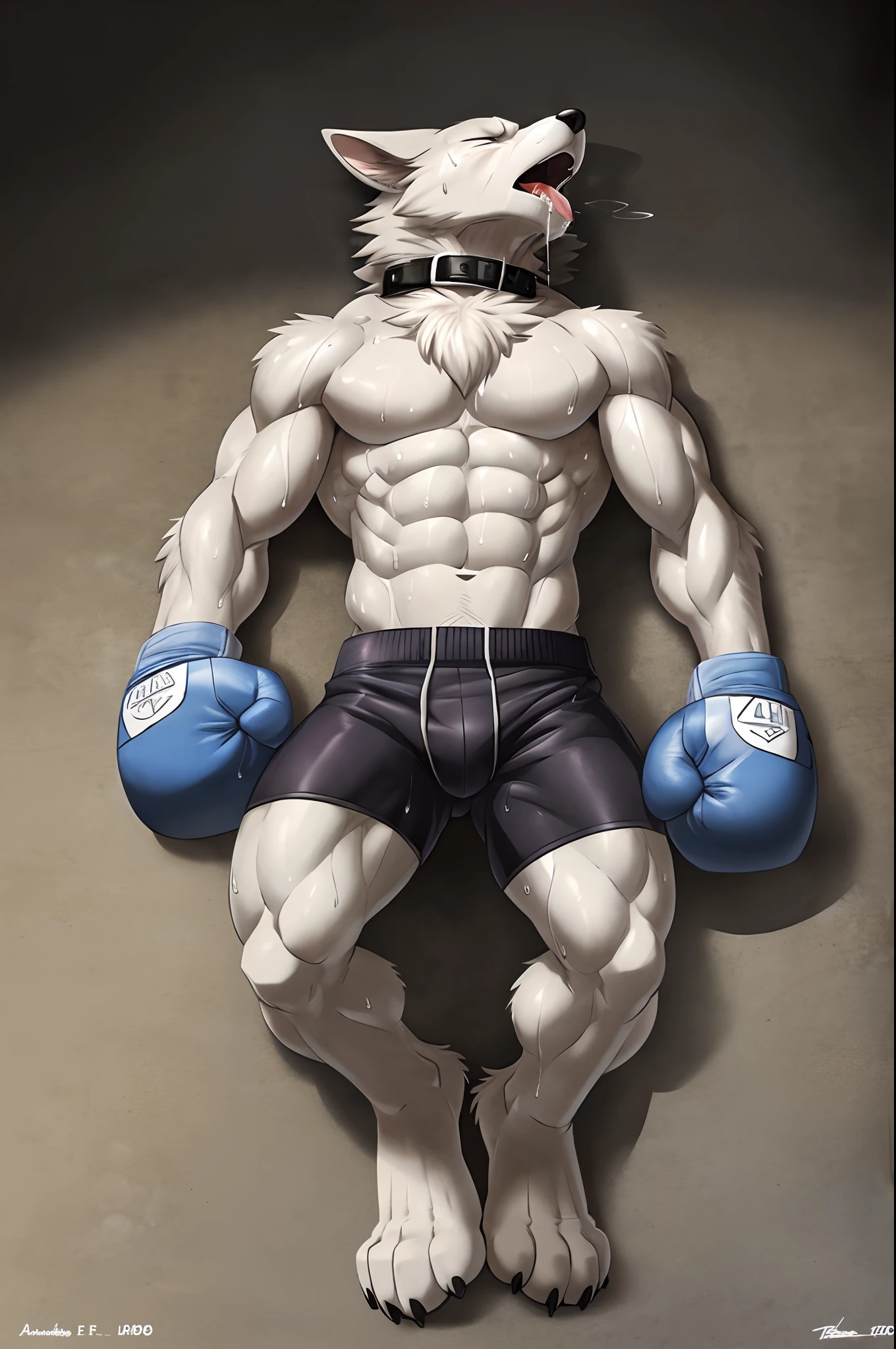 ((solo) full_body:1.4), (anthro) wolf, shirou_ogami:2.8 (bna), adult, mature, masculine, slim:1.2, skinny:1.2, tall:1, (correct anatomy:1.2), vascular veins, (cartoon fur, detailed fur texture:1.3), topless, bare paws, wearing big black collar (shirtless, boxing gloves, compression shorts), ultradetailed, (by wfa:1.2), (by takemoto_arashi, by vorusuarts, by Traver009:1, by grimfaust:1), natural lighting (boxing_ring:2.4 background), (sweat:1.4, wet:1.6), (lots of sweat flowing down) exhausted, wolf head ((open eyes, detailed):1.2), open mouth (steaming breath:1.2, drooling, dripping saliva, thick drool) tongue sticking out, (serious:1.4) expression), grumpy, sad, lying down, collapsed, defeat