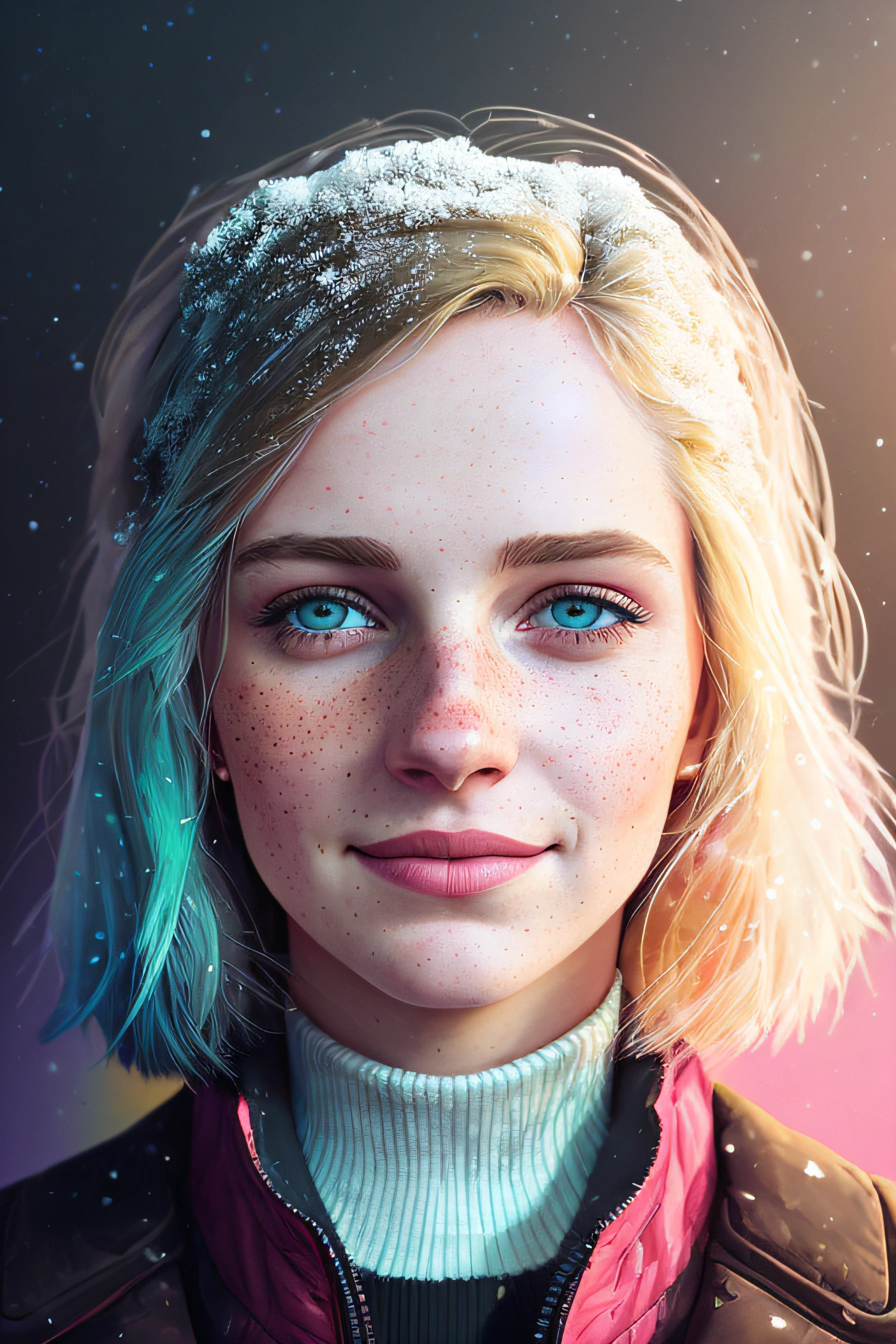 portrait of beautiful smiling woman with some freckles, snow-covered mountain landscape background by ilya kuvshinov and annie leibowitz. synthwave watercolor painting on canvas trending in artstation dramatic lighting abstract expressionism pastel shades tones (hd) golden ratio details aesthetic octane render excellent composition natural textures 8k oil paining masterpiece canon eos r4s 50
